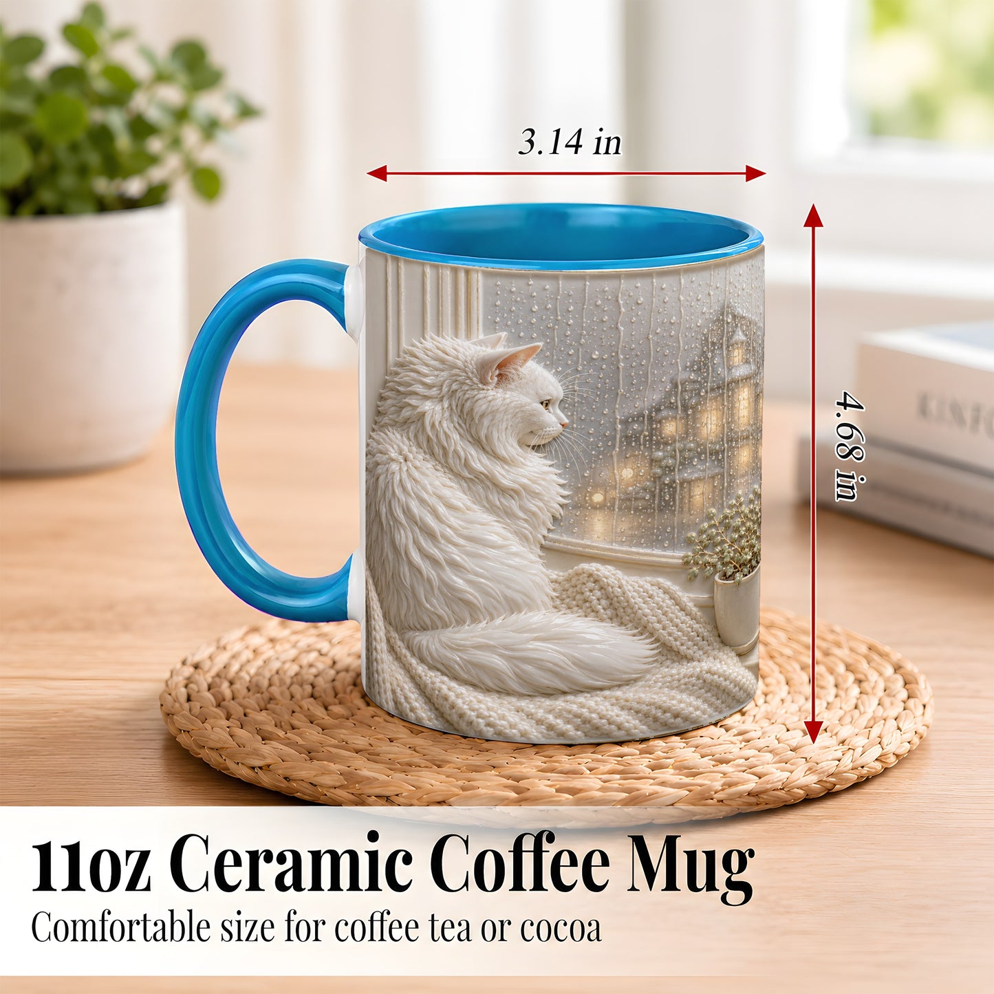 #pl[11oz|Blue] White Cat Rainy Window Coffee Mug, Cozy Cat Mug, Ceramic Cup