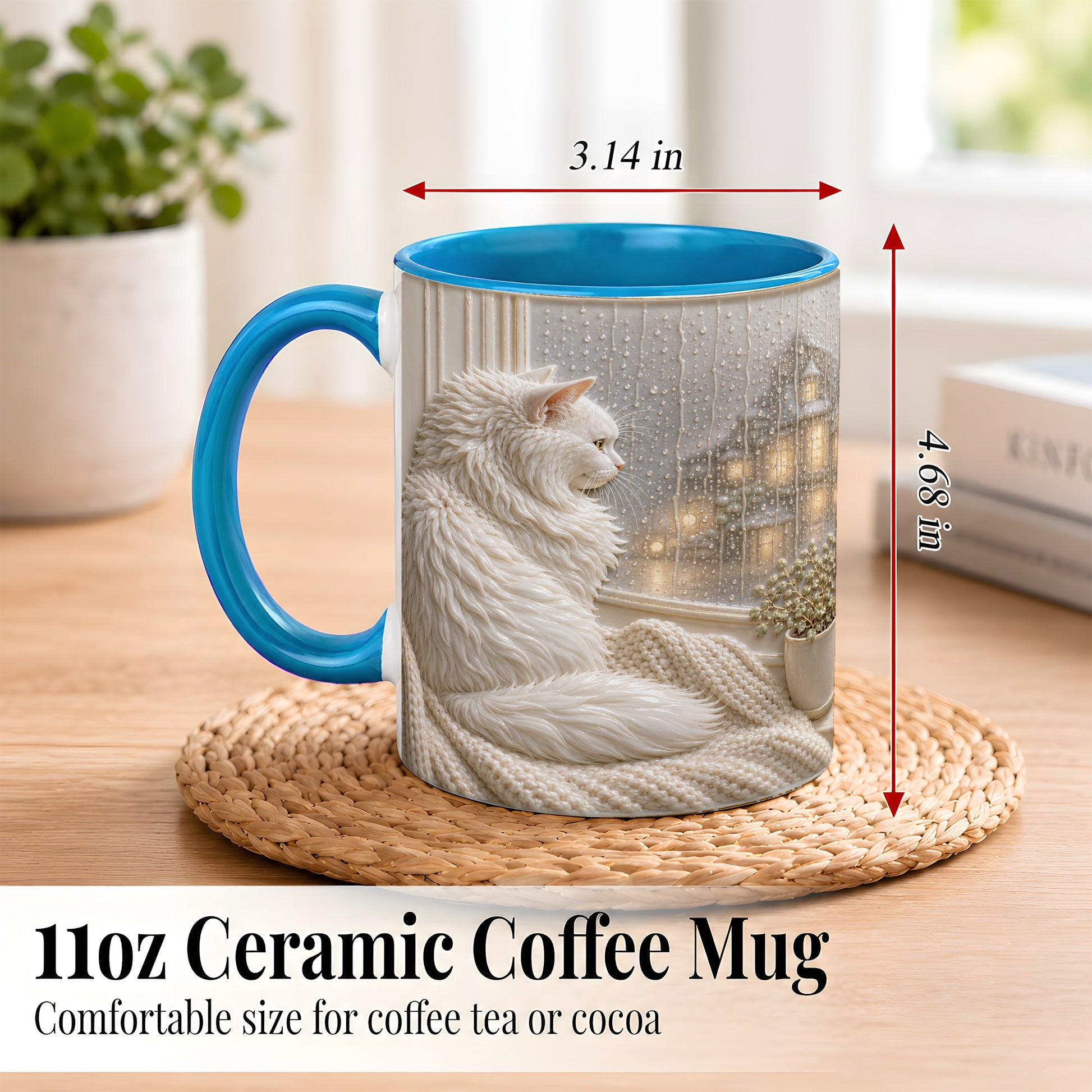 #pl[11oz|Blue] White Cat Rainy Window Coffee Mug, Cozy Cat Mug, Ceramic Cup