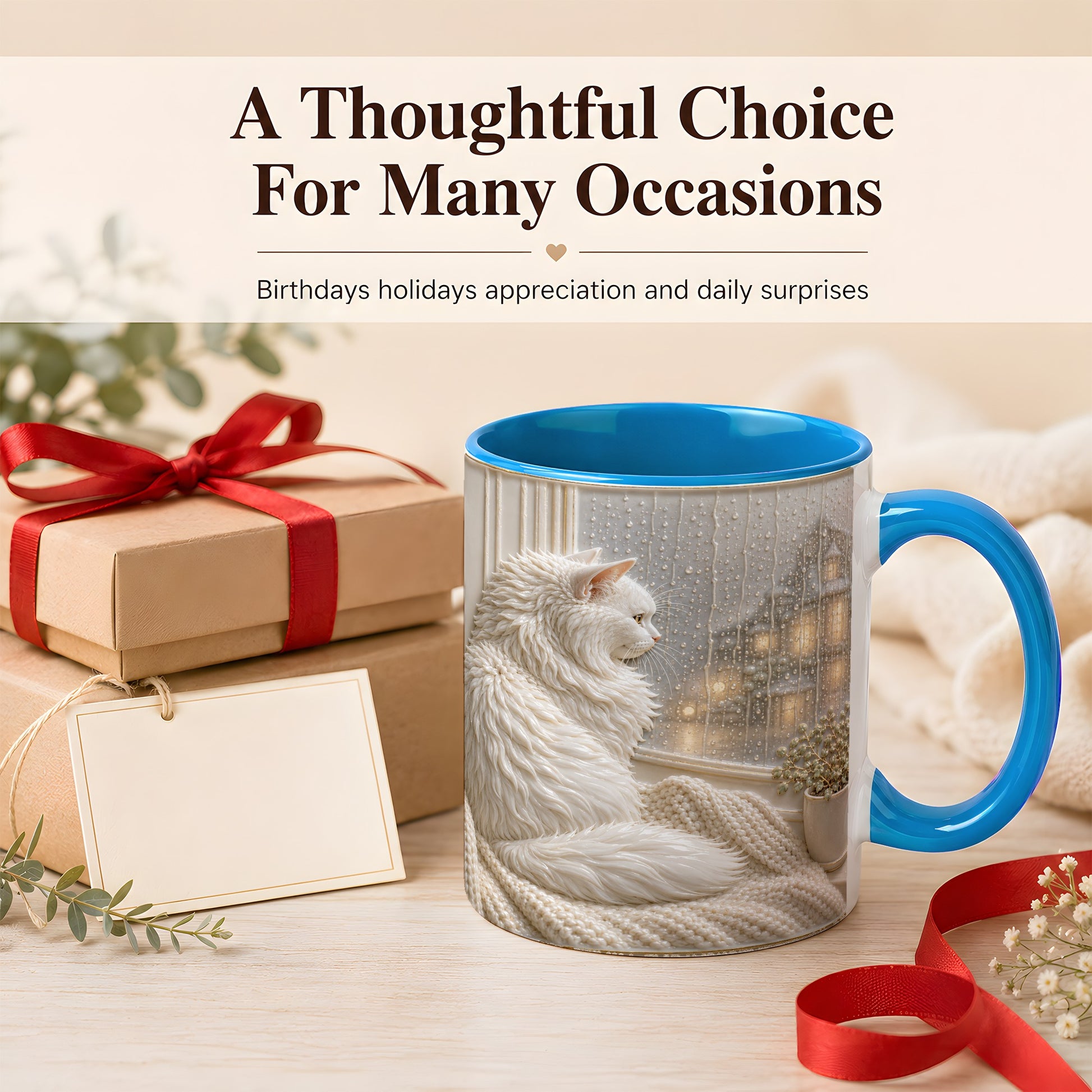 #pl[11oz|Blue] White Cat Rainy Window Coffee Mug, Cozy Cat Mug, Ceramic Cup