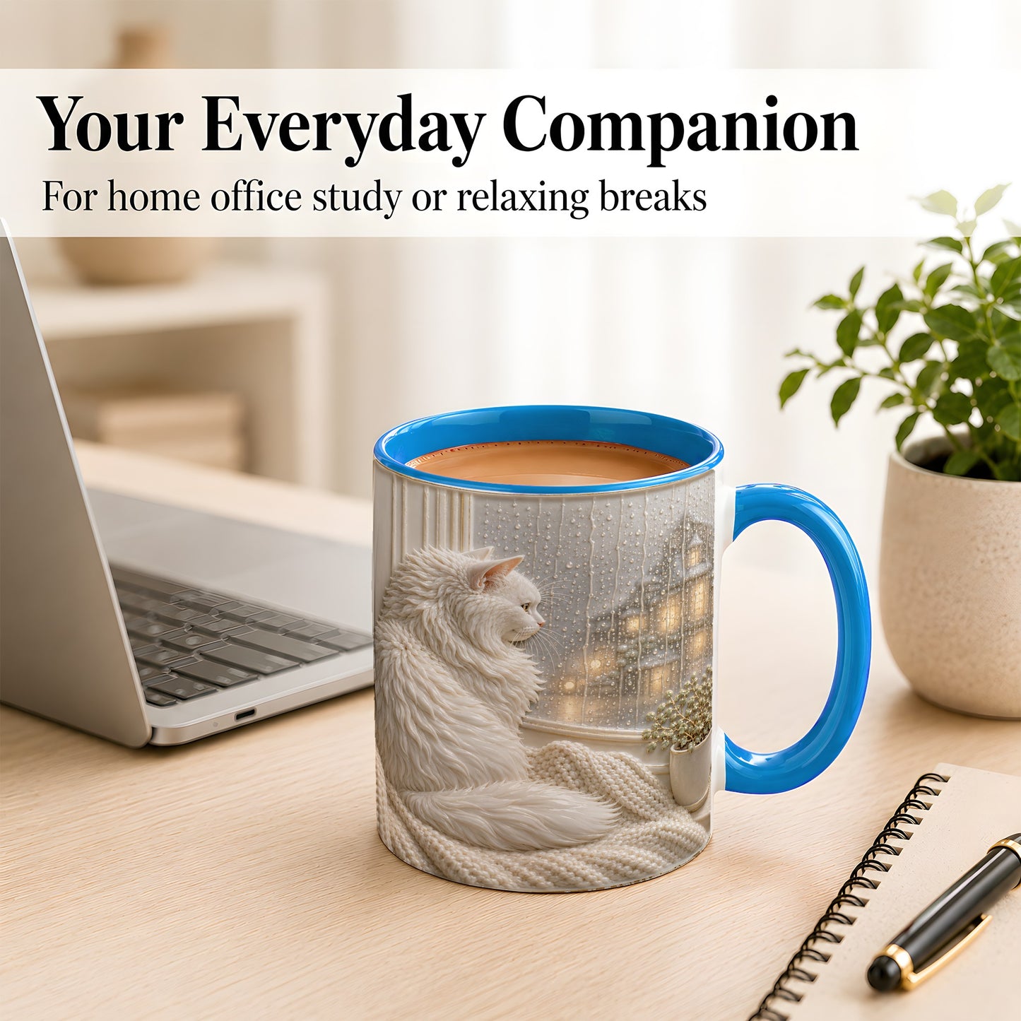 #pl[11oz|Blue] White Cat Rainy Window Coffee Mug, Cozy Cat Mug, Ceramic Cup
