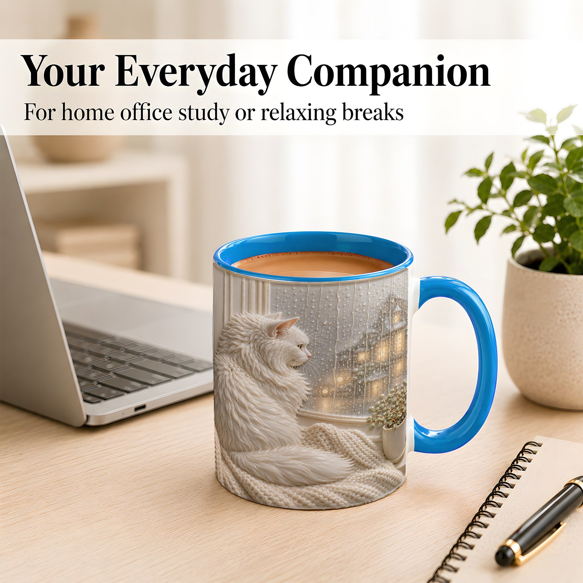 #pl[11oz|Blue] White Cat Rainy Window Coffee Mug, Cozy Cat Mug, Ceramic Cup