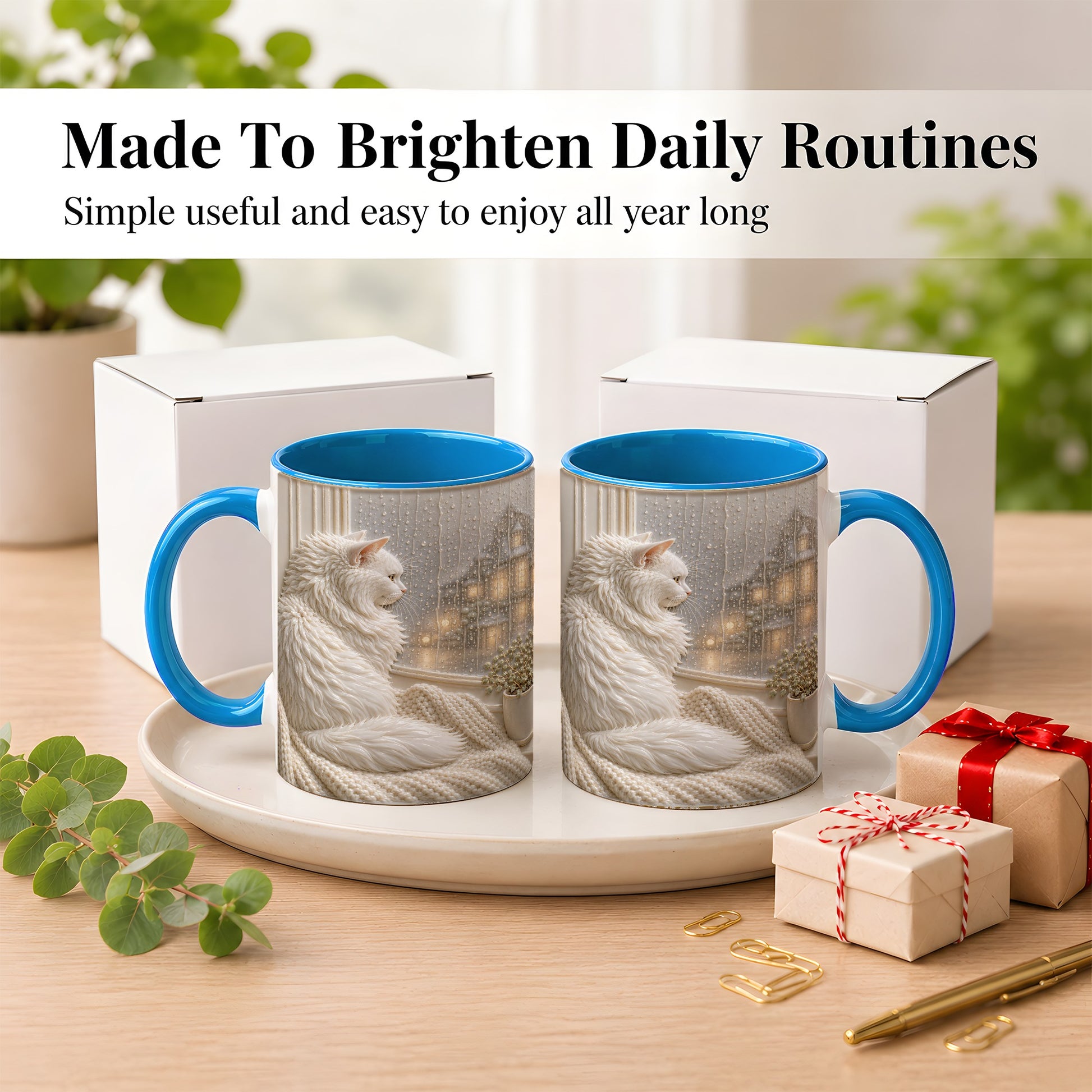 #pl[11oz|Blue] White Cat Rainy Window Coffee Mug, Cozy Cat Mug, Ceramic Cup