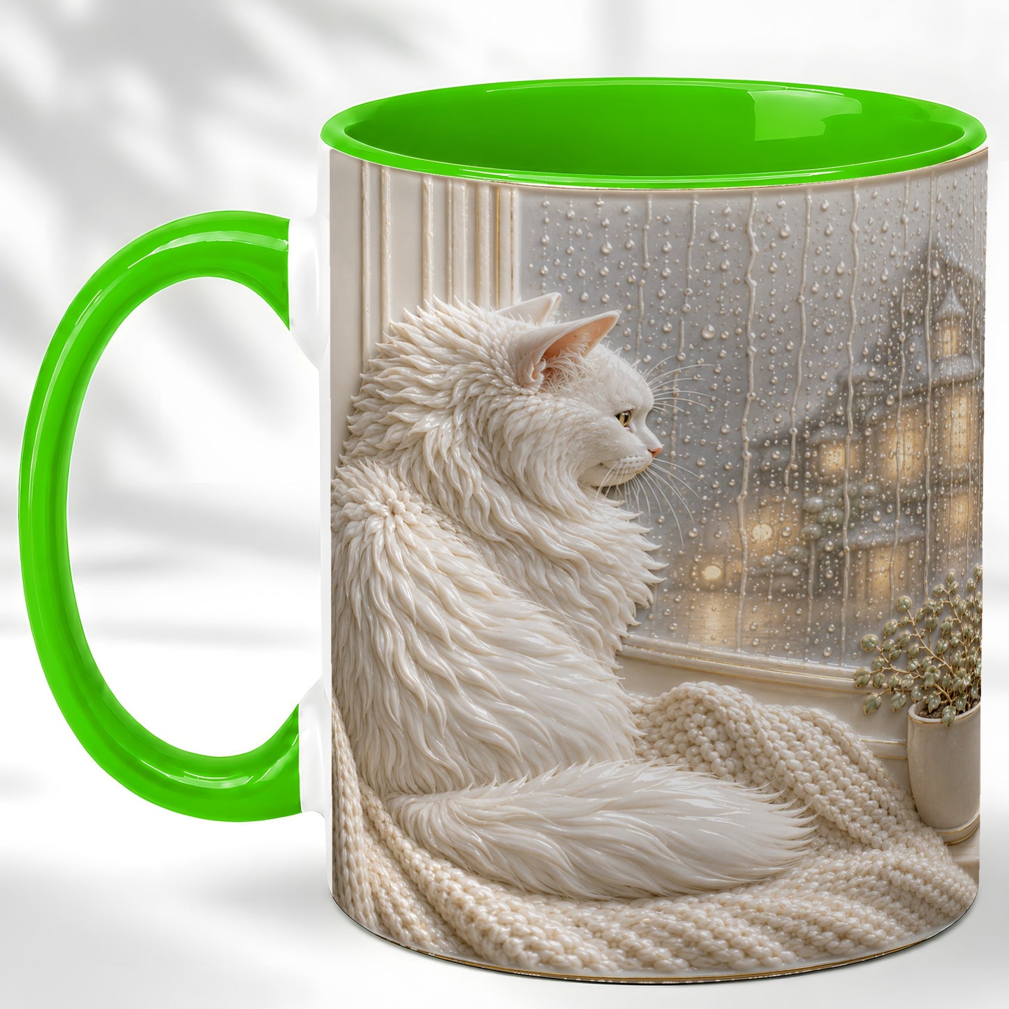 #pl[11oz|Green] White Cat Rainy Window Coffee Mug, Cozy Cat Mug, Ceramic Cup