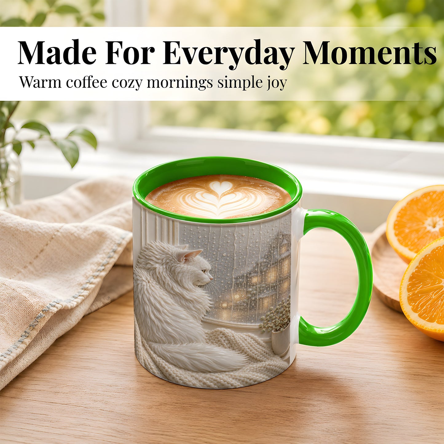 #pl[11oz|Green] White Cat Rainy Window Coffee Mug, Cozy Cat Mug, Ceramic Cup