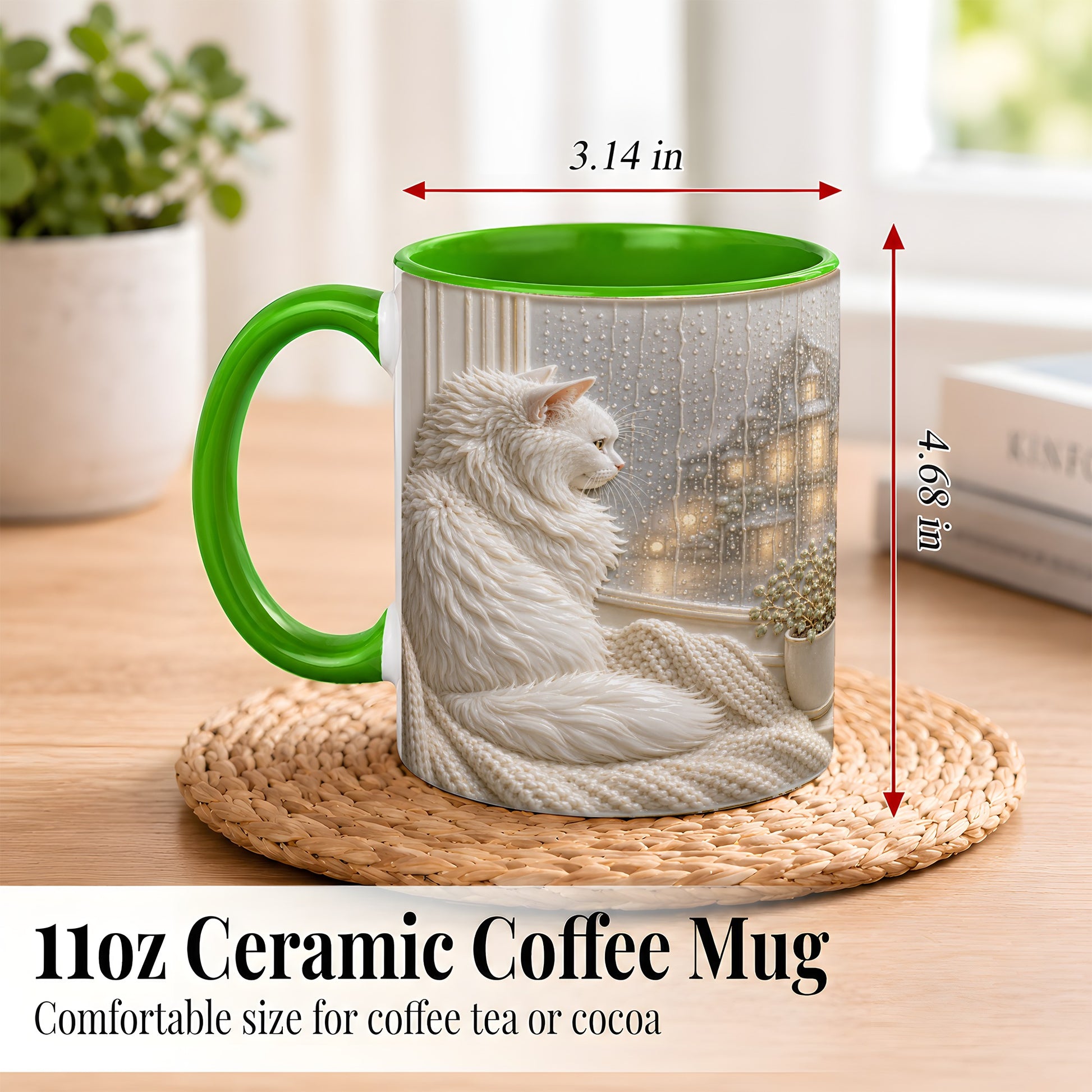 #pl[11oz|Green] White Cat Rainy Window Coffee Mug, Cozy Cat Mug, Ceramic Cup