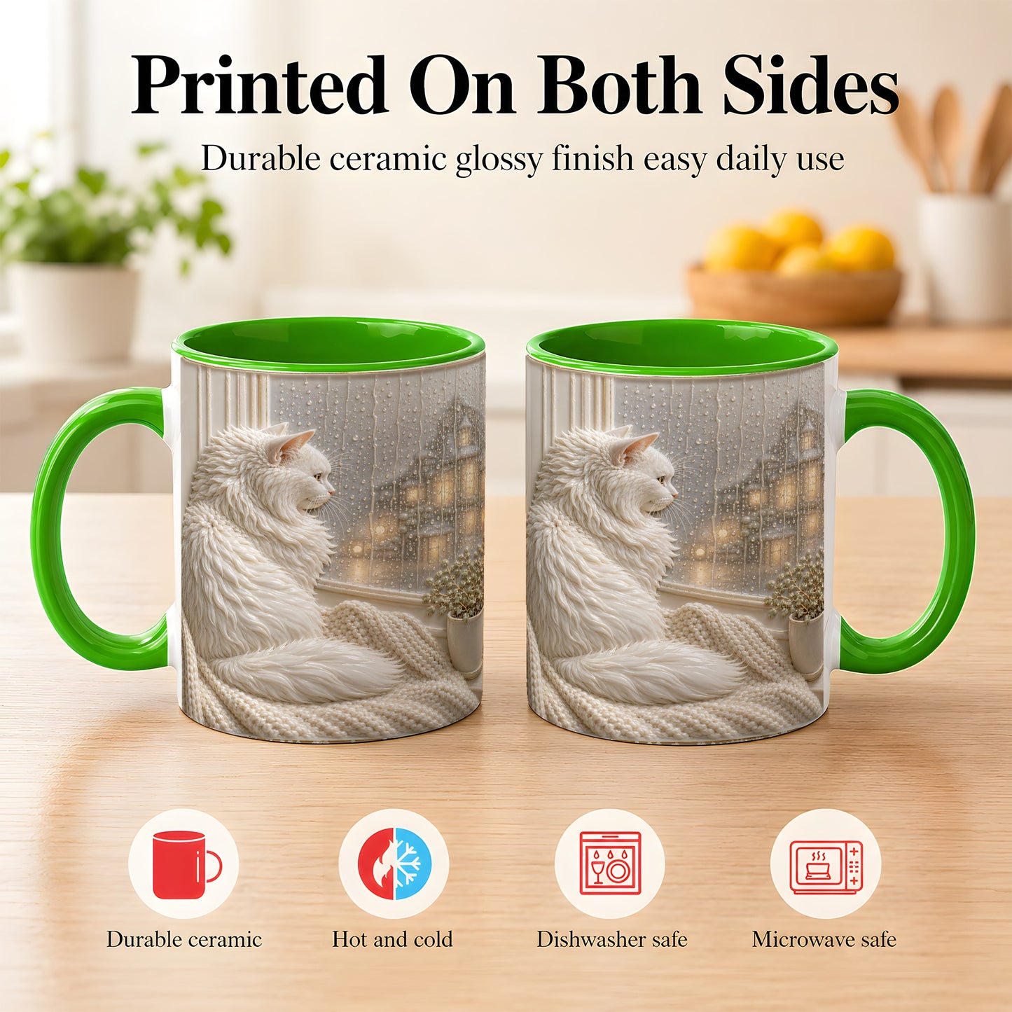 #pl[11oz|Green] White Cat Rainy Window Coffee Mug, Cozy Cat Mug, Ceramic Cup