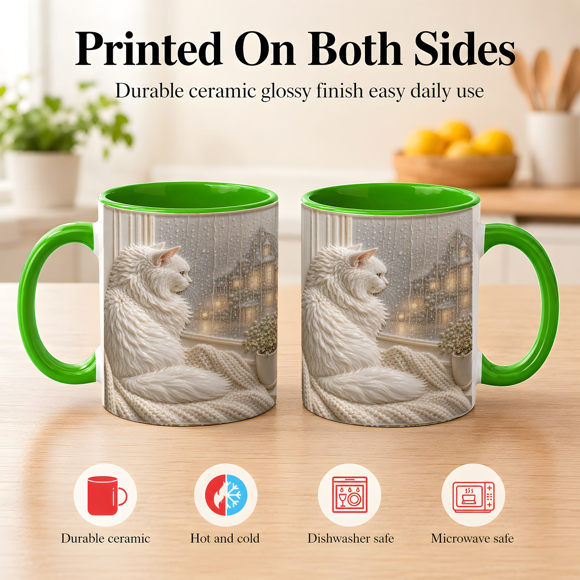 #pl[11oz|Green] White Cat Rainy Window Coffee Mug, Cozy Cat Mug, Ceramic Cup