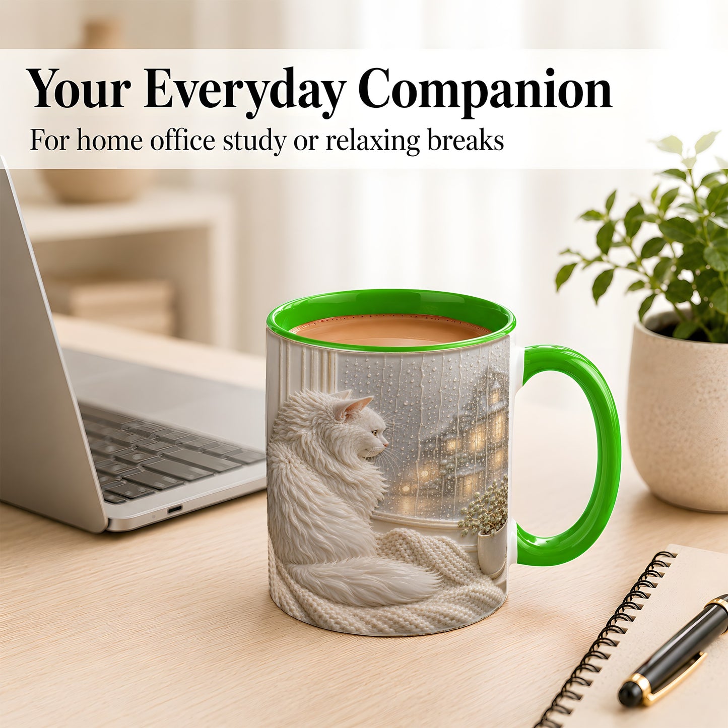 #pl[11oz|Green] White Cat Rainy Window Coffee Mug, Cozy Cat Mug, Ceramic Cup