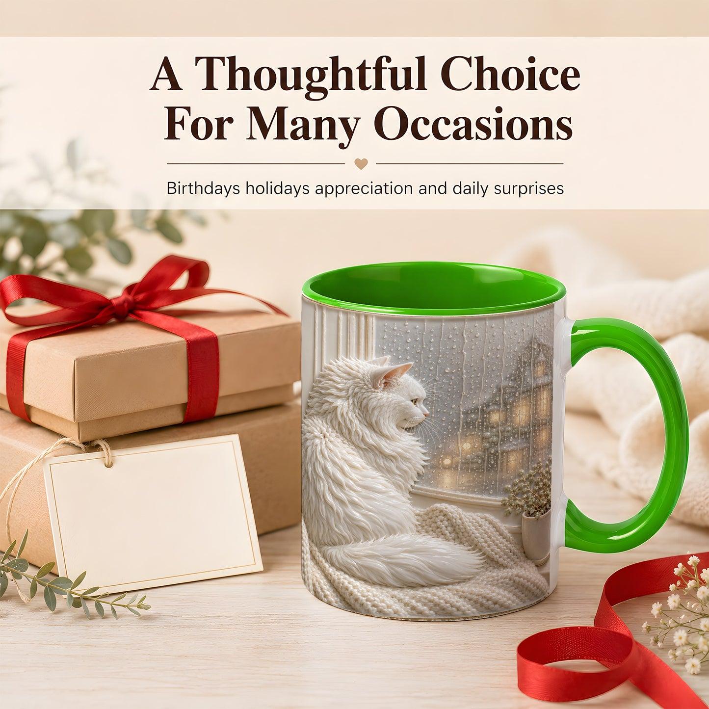 #pl[11oz|Green] White Cat Rainy Window Coffee Mug, Cozy Cat Mug, Ceramic Cup