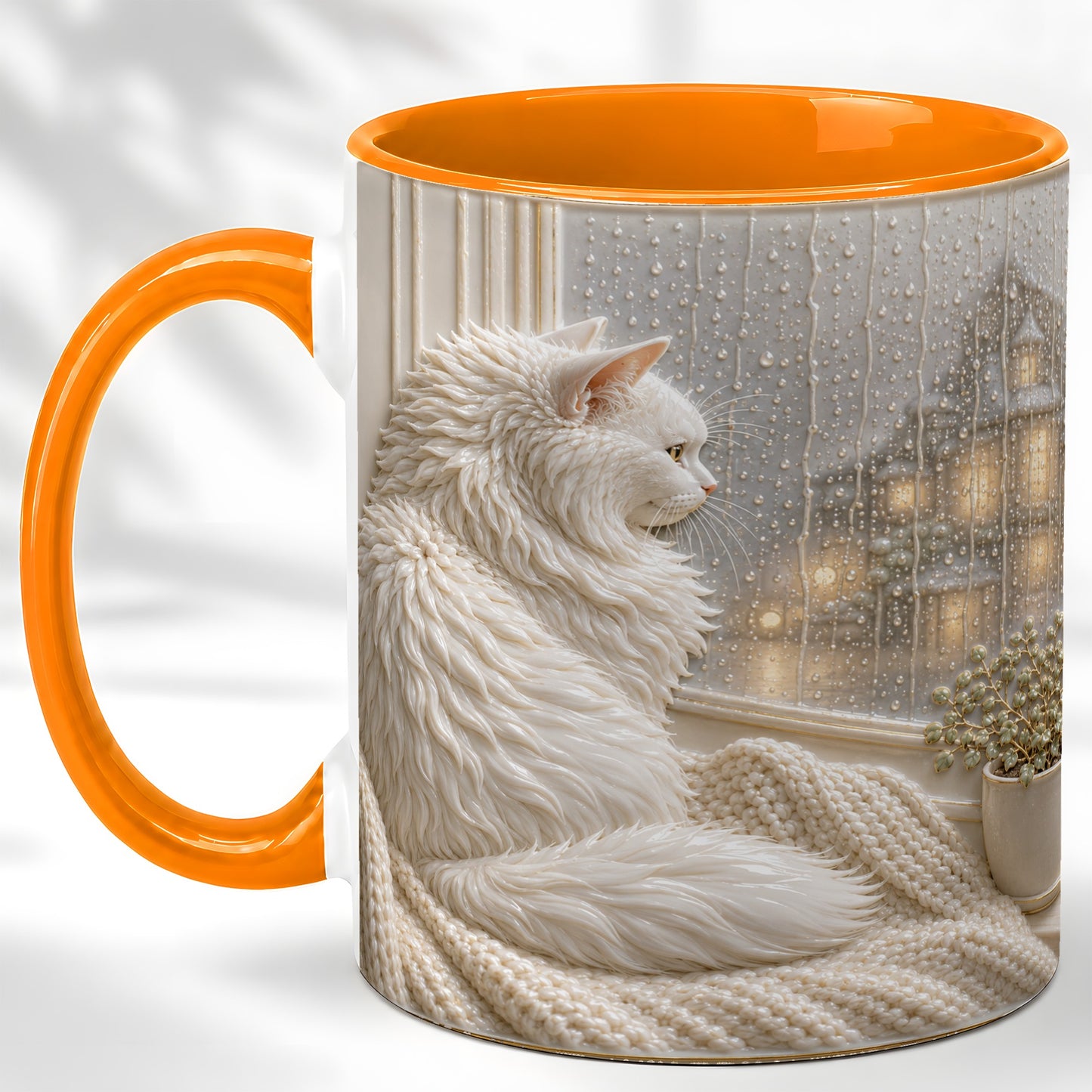 #pl[11oz|Orange] White Cat Rainy Window Coffee Mug, Cozy Cat Mug, Ceramic Cup