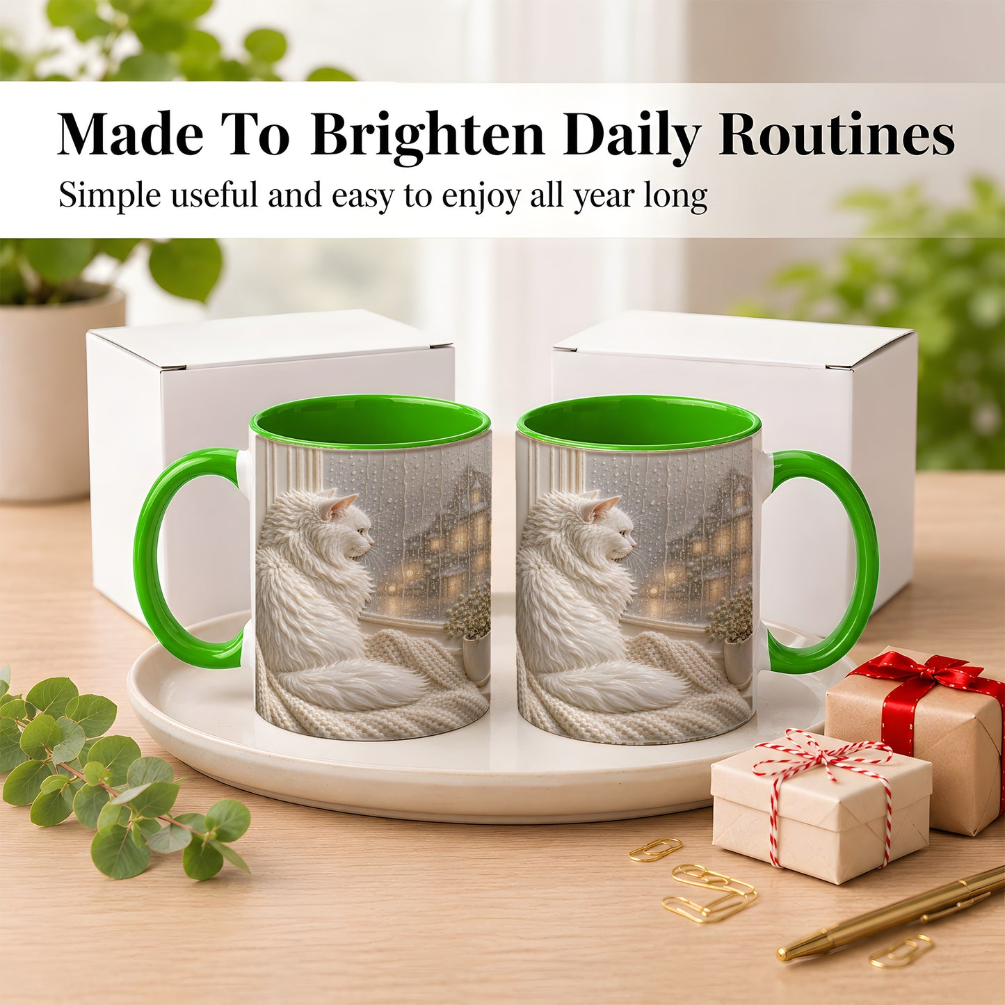 #pl[11oz|Green] White Cat Rainy Window Coffee Mug, Cozy Cat Mug, Ceramic Cup