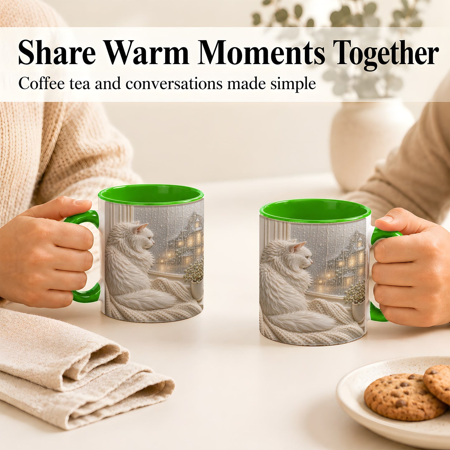 #pl[11oz|Green] White Cat Rainy Window Coffee Mug, Cozy Cat Mug, Ceramic Cup