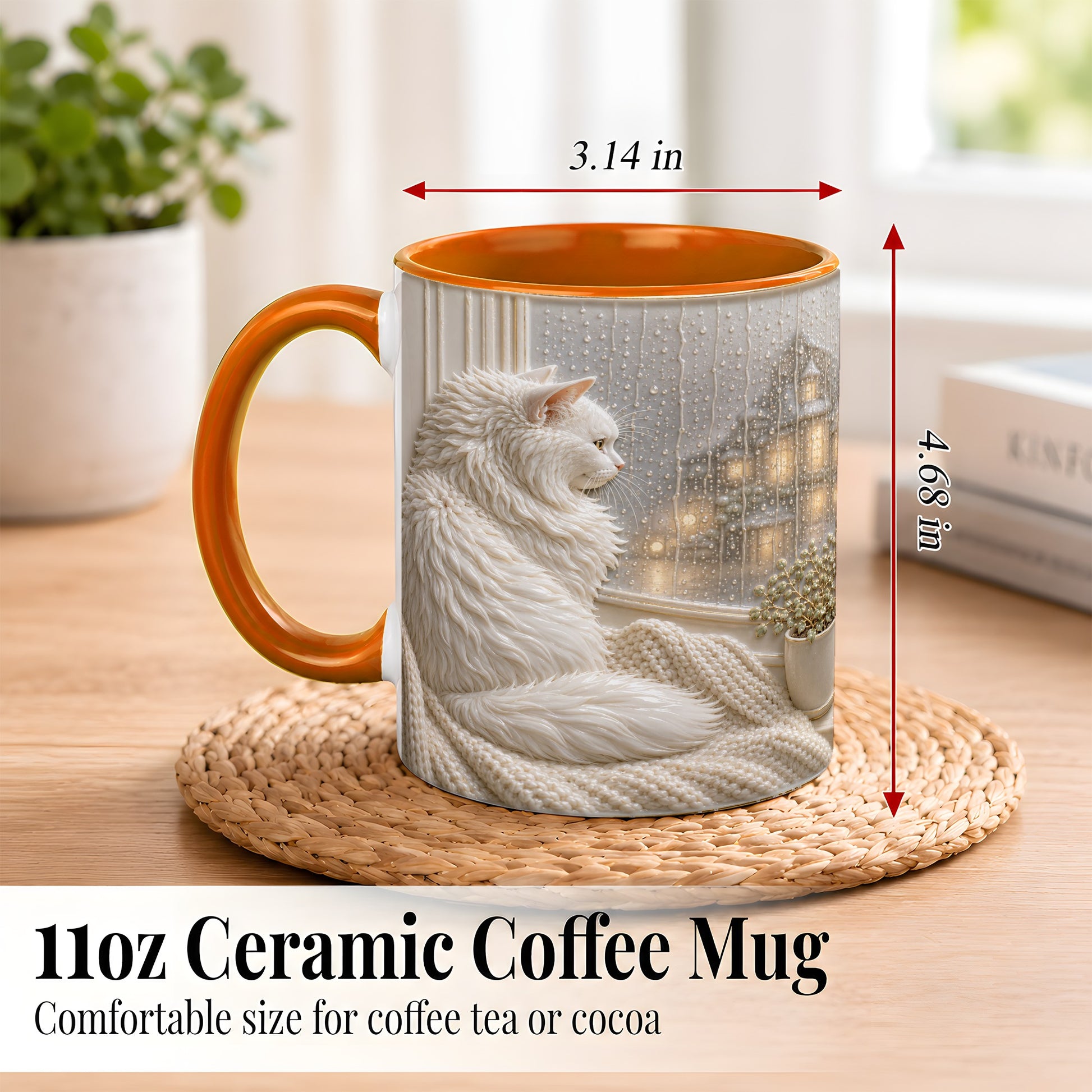 #pl[11oz|Orange] White Cat Rainy Window Coffee Mug, Cozy Cat Mug, Ceramic Cup