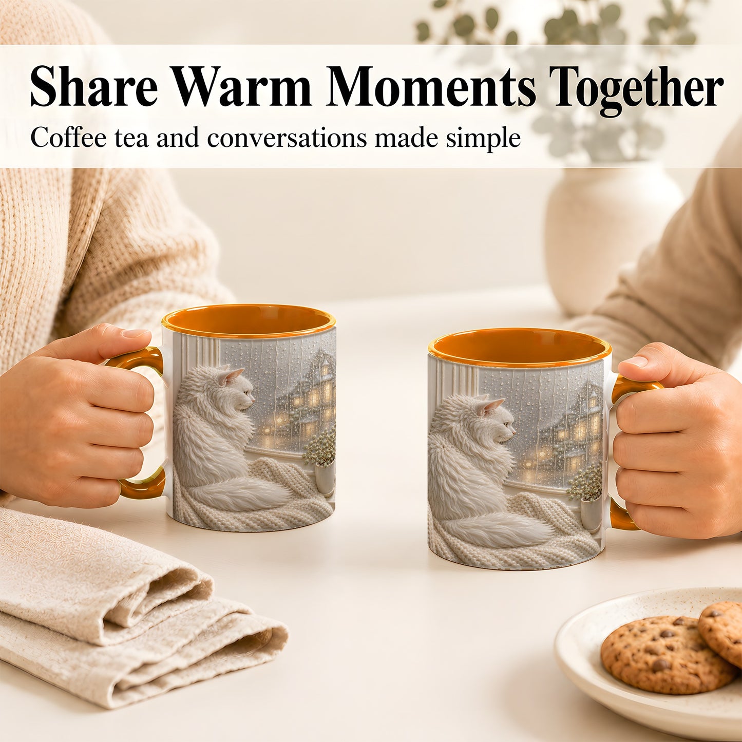 #pl[11oz|Orange] White Cat Rainy Window Coffee Mug, Cozy Cat Mug, Ceramic Cup