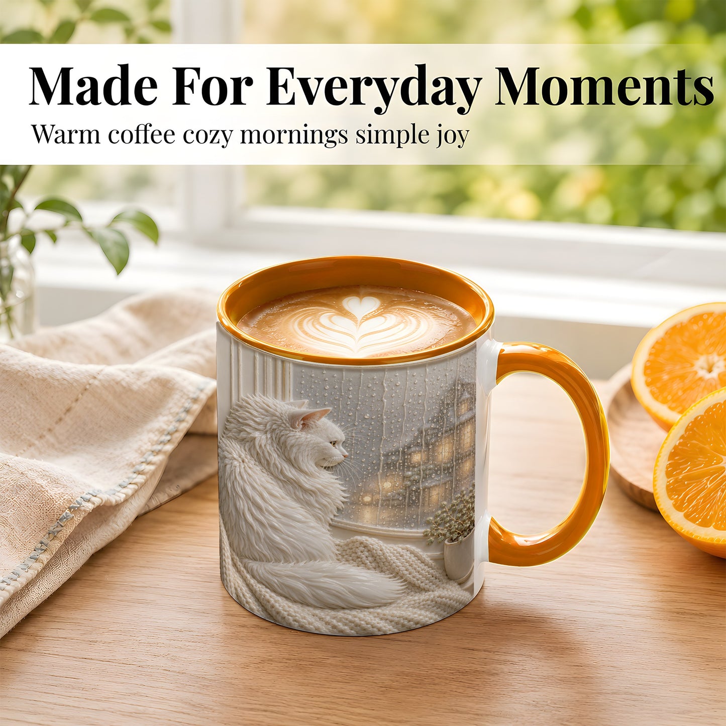 #pl[11oz|Orange] White Cat Rainy Window Coffee Mug, Cozy Cat Mug, Ceramic Cup