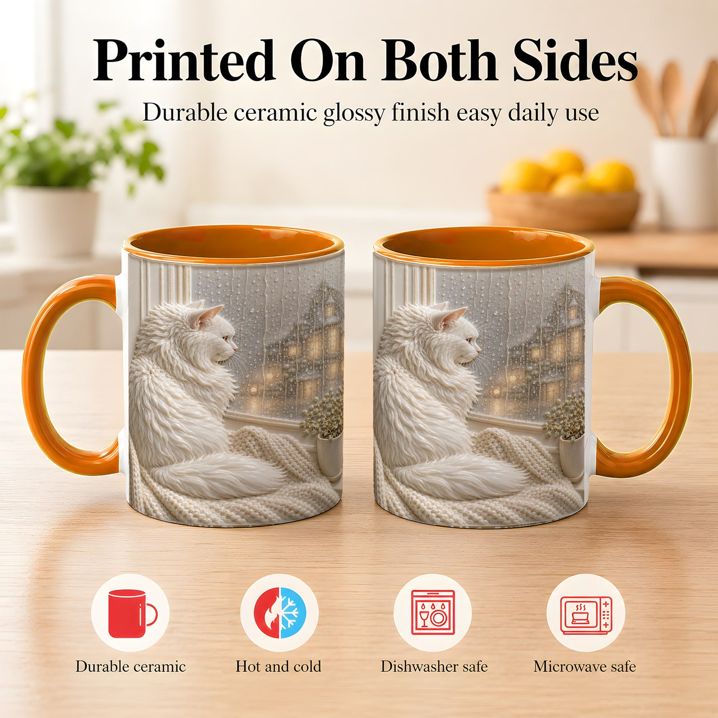 #pl[11oz|Orange] White Cat Rainy Window Coffee Mug, Cozy Cat Mug, Ceramic Cup