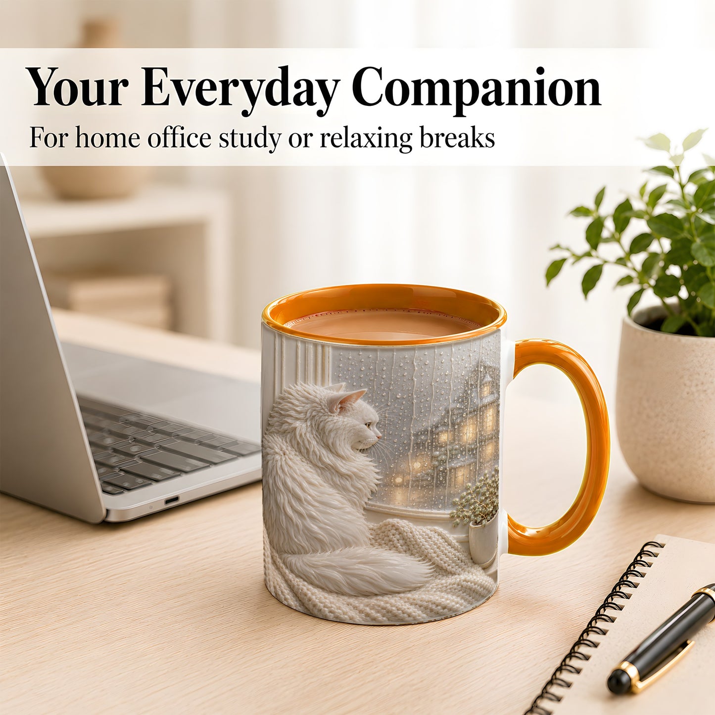 #pl[11oz|Orange] White Cat Rainy Window Coffee Mug, Cozy Cat Mug, Ceramic Cup