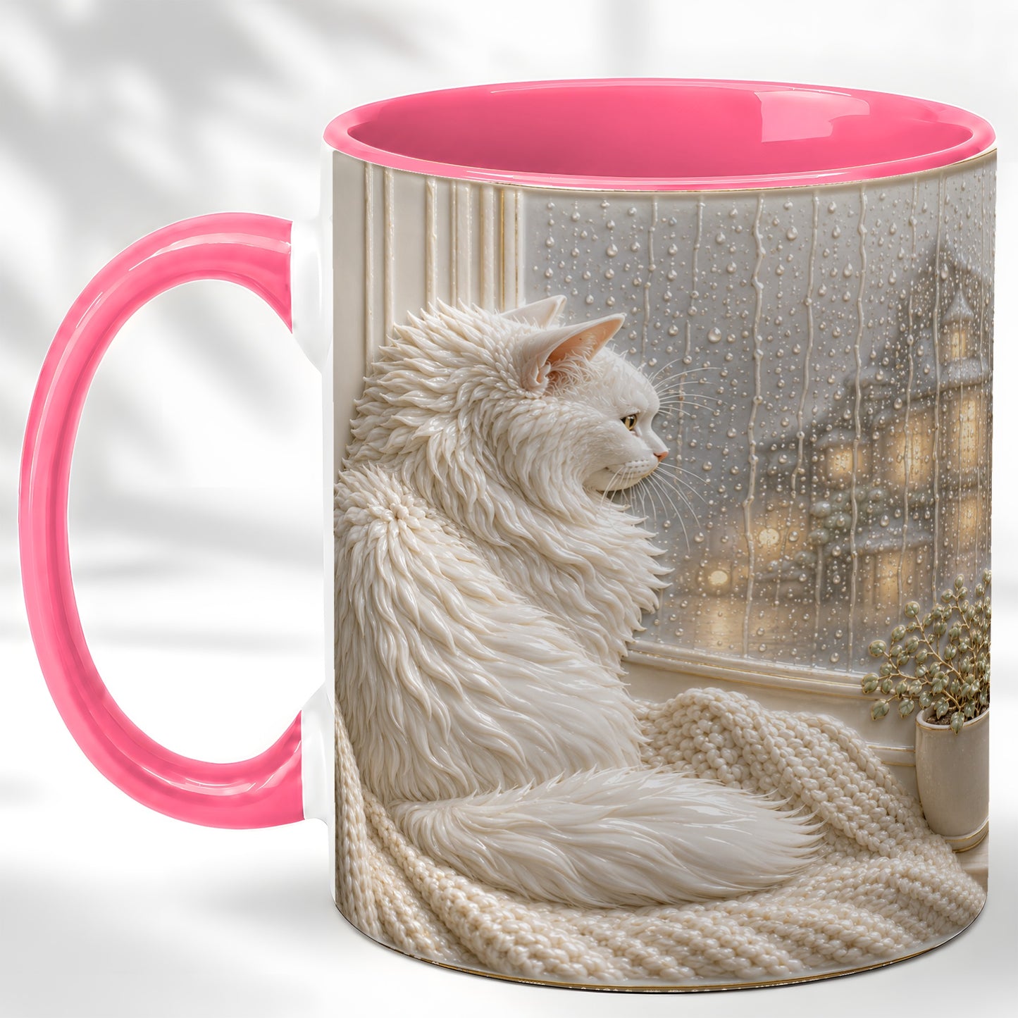 #pl[11oz|Pink] White Cat Rainy Window Coffee Mug, Cozy Cat Mug, Ceramic Cup