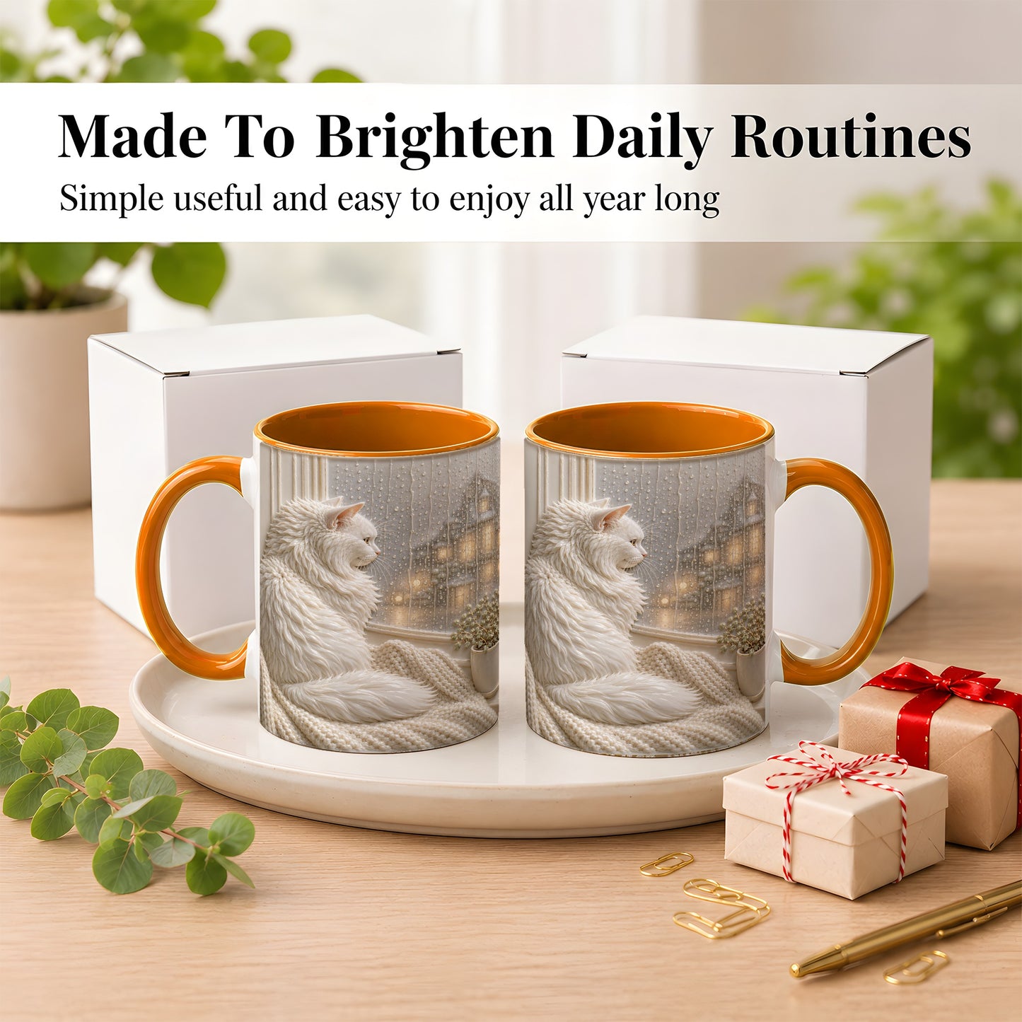 #pl[11oz|Orange] White Cat Rainy Window Coffee Mug, Cozy Cat Mug, Ceramic Cup