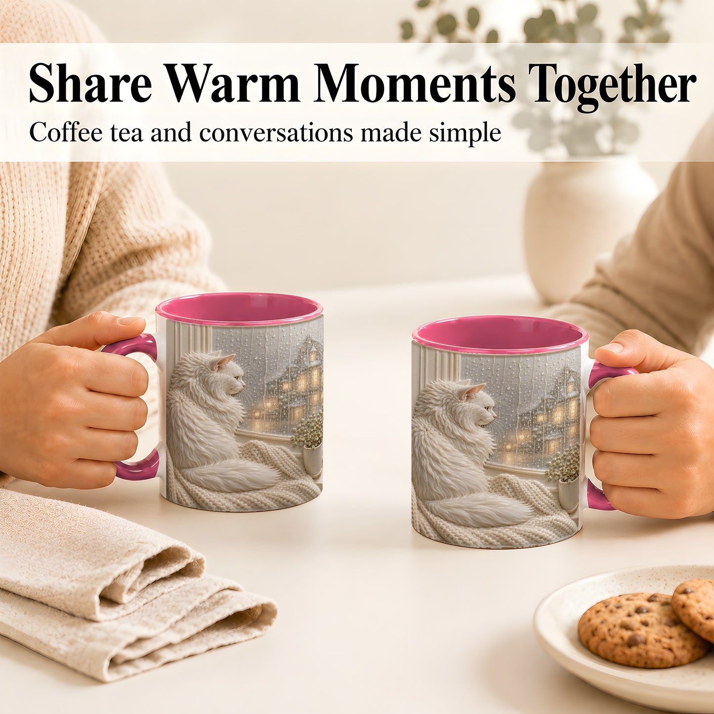 #pl[11oz|Pink] White Cat Rainy Window Coffee Mug, Cozy Cat Mug, Ceramic Cup
