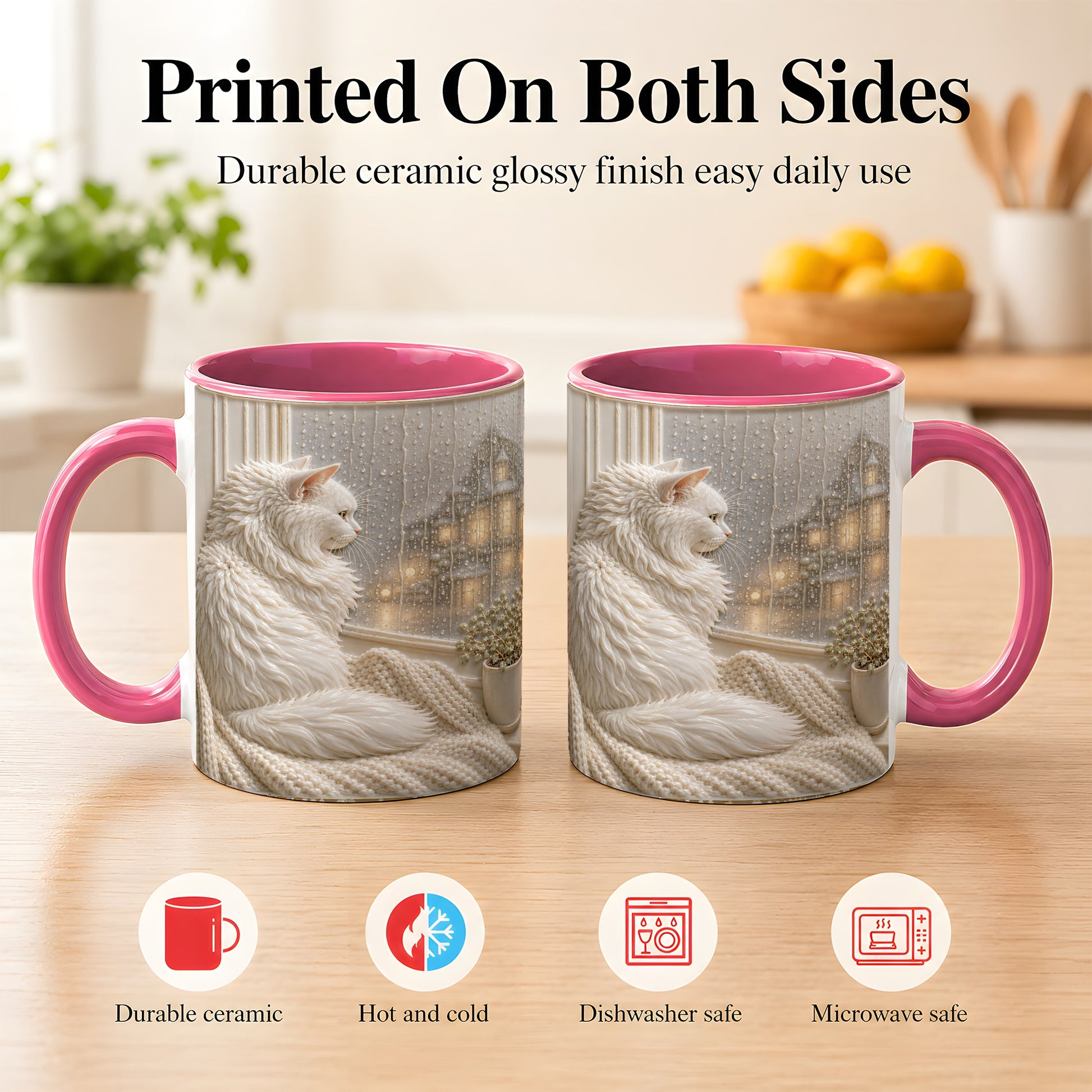 #pl[11oz|Pink] White Cat Rainy Window Coffee Mug, Cozy Cat Mug, Ceramic Cup