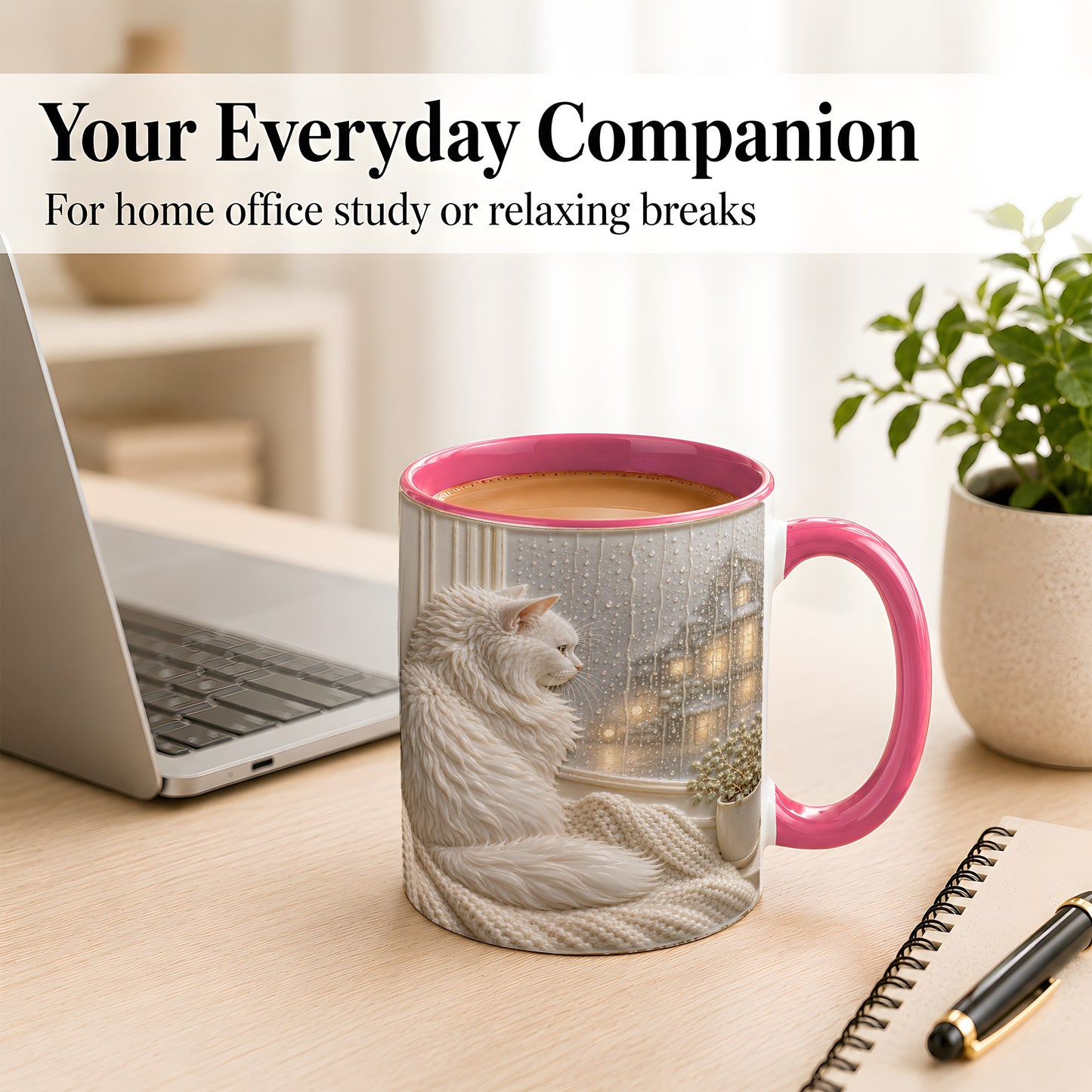 #pl[11oz|Pink] White Cat Rainy Window Coffee Mug, Cozy Cat Mug, Ceramic Cup