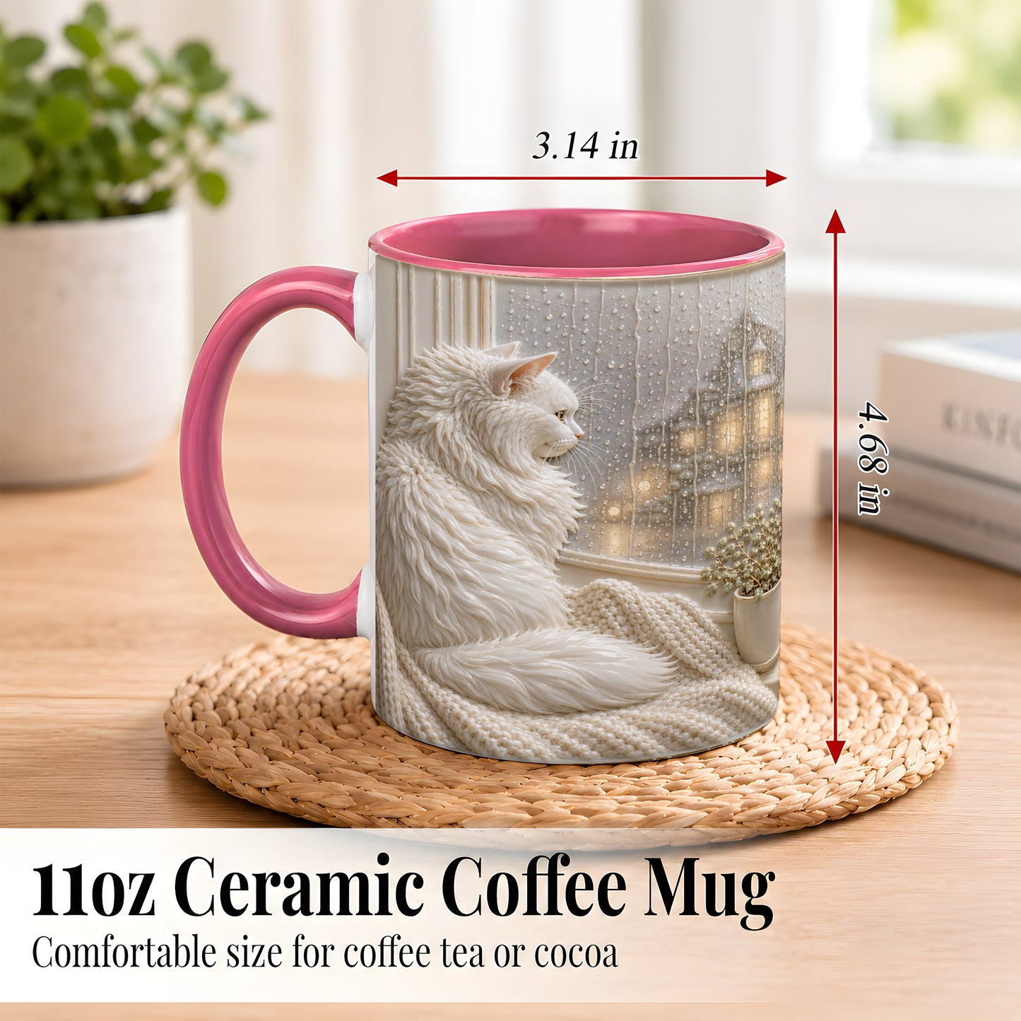#pl[11oz|Pink] White Cat Rainy Window Coffee Mug, Cozy Cat Mug, Ceramic Cup