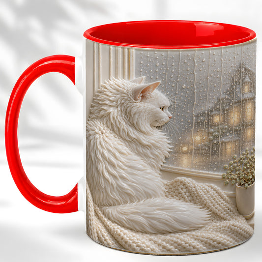 #pl[11oz|Red] White Cat Rainy Window Coffee Mug, Cozy Cat Mug, Ceramic Cup