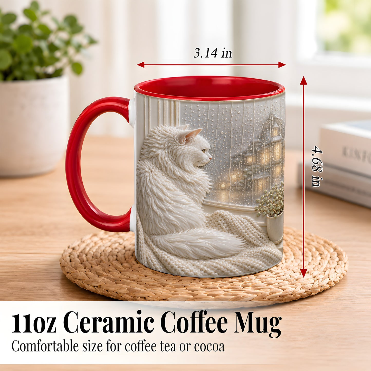 #pl[11oz|Red] White Cat Rainy Window Coffee Mug, Cozy Cat Mug, Ceramic Cup