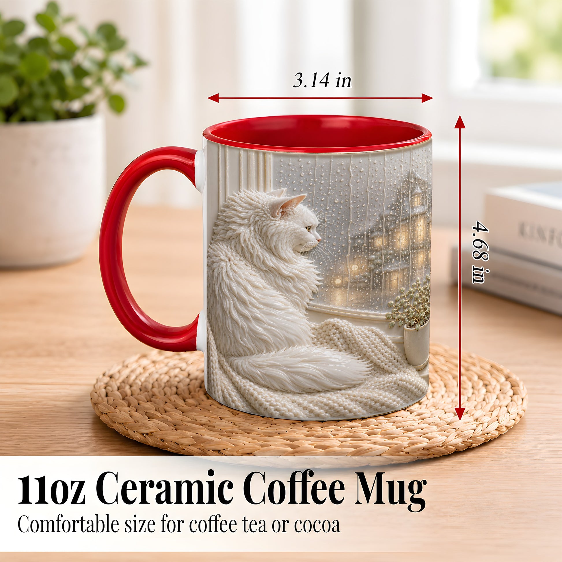 #pl[11oz|Red] White Cat Rainy Window Coffee Mug, Cozy Cat Mug, Ceramic Cup