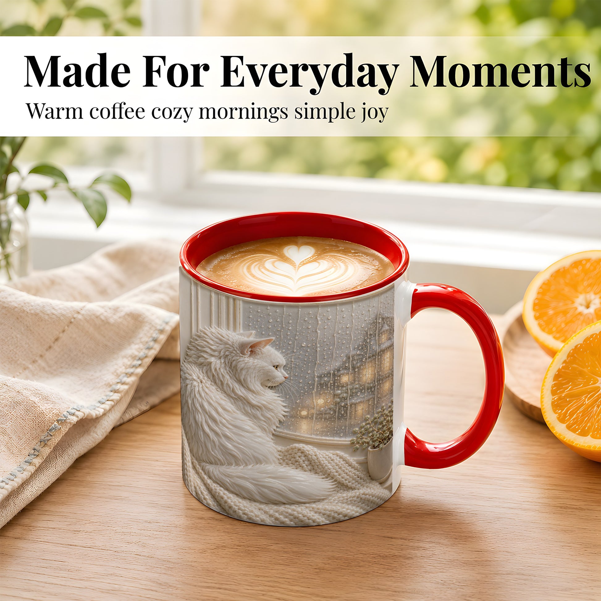 #pl[11oz|Red] White Cat Rainy Window Coffee Mug, Cozy Cat Mug, Ceramic Cup