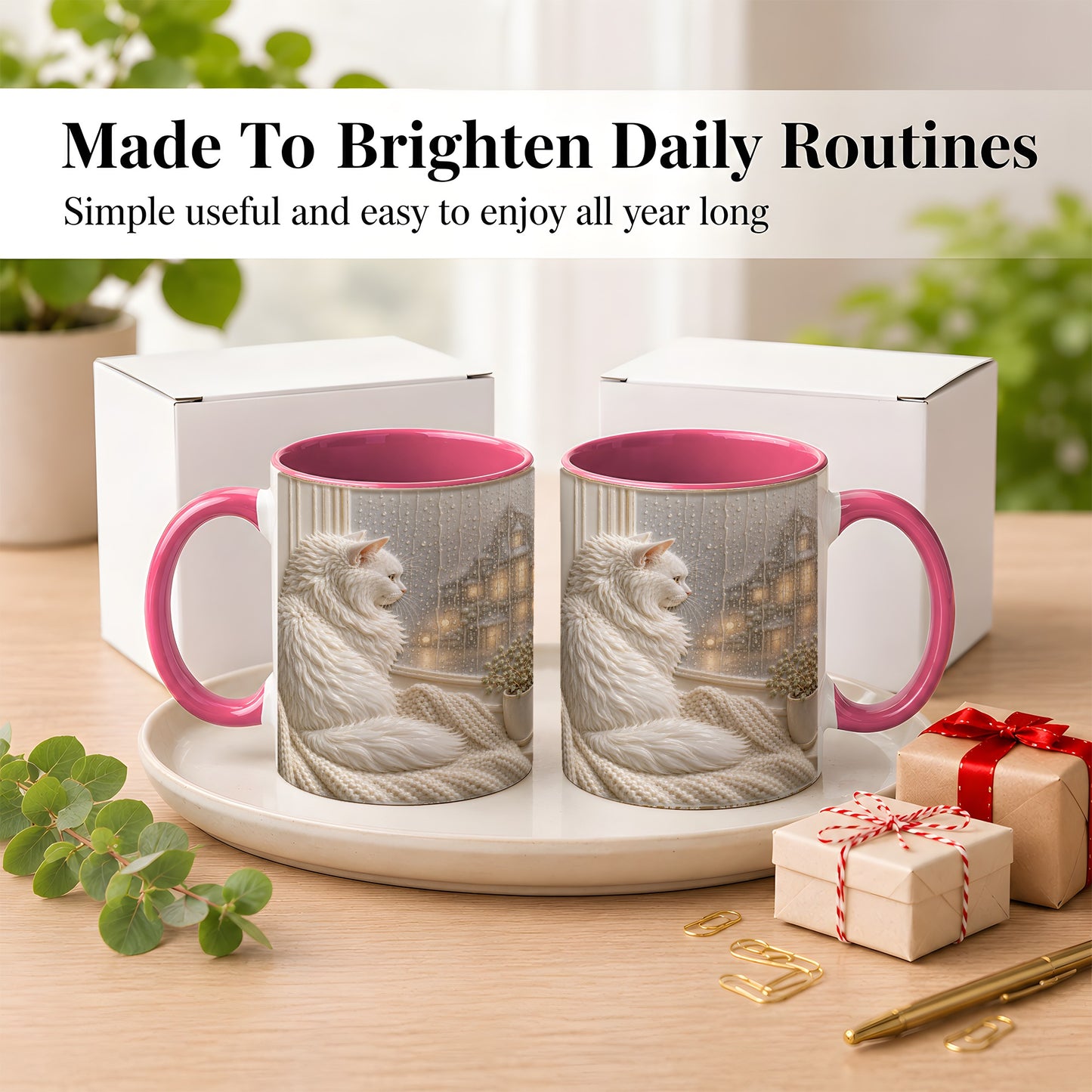 #pl[11oz|Pink] White Cat Rainy Window Coffee Mug, Cozy Cat Mug, Ceramic Cup