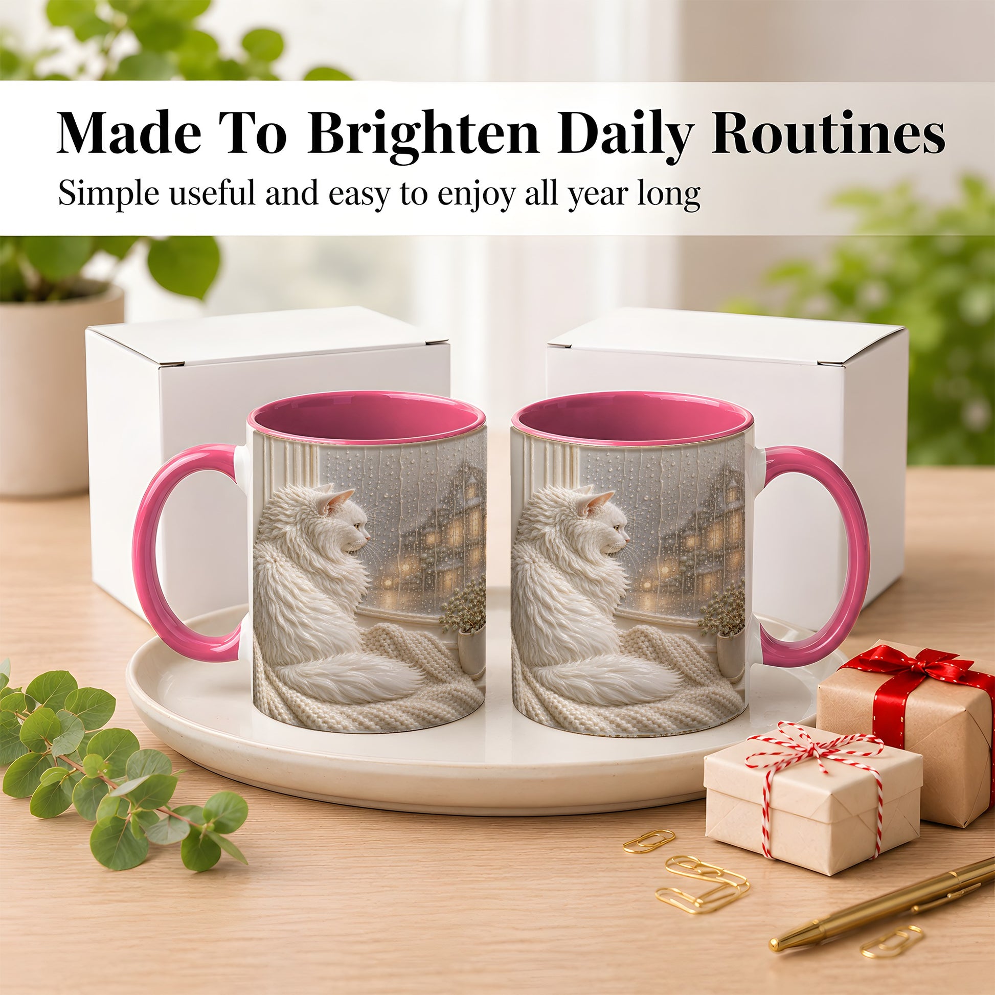 #pl[11oz|Pink] White Cat Rainy Window Coffee Mug, Cozy Cat Mug, Ceramic Cup