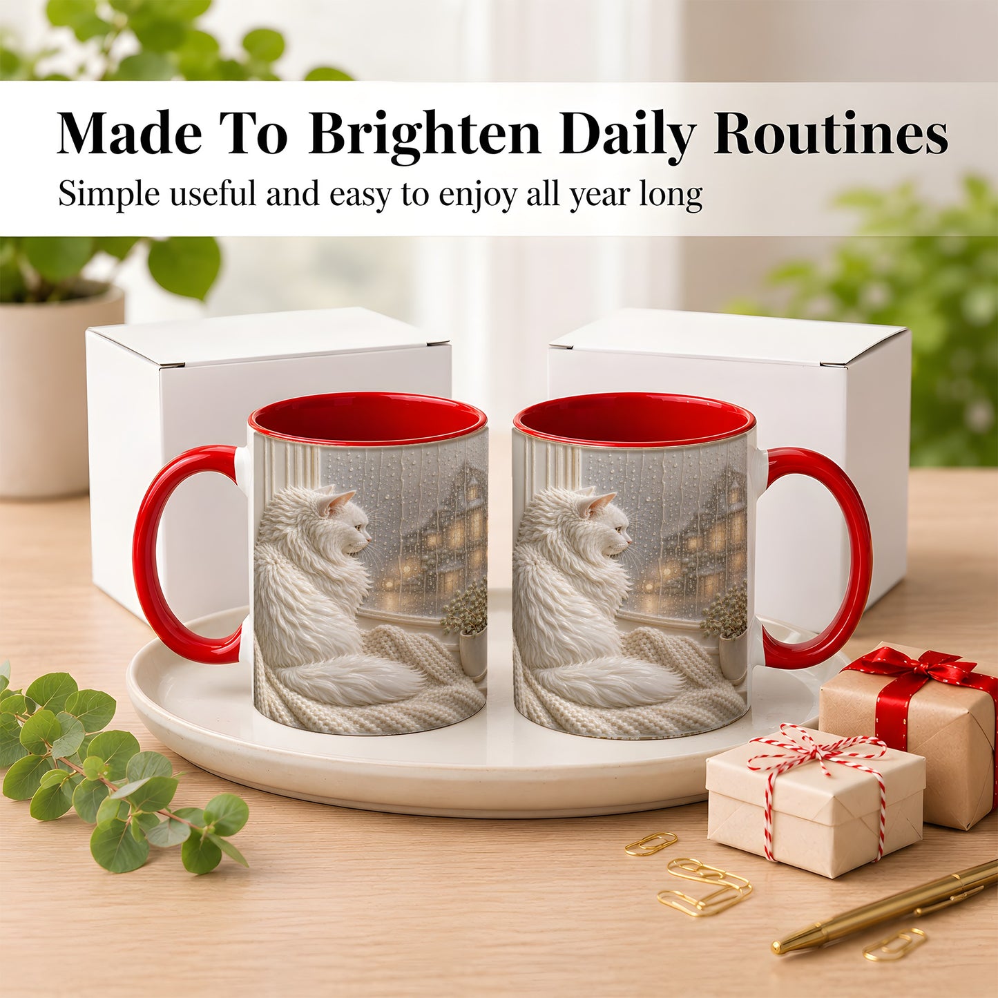 #pl[11oz|Red] White Cat Rainy Window Coffee Mug, Cozy Cat Mug, Ceramic Cup