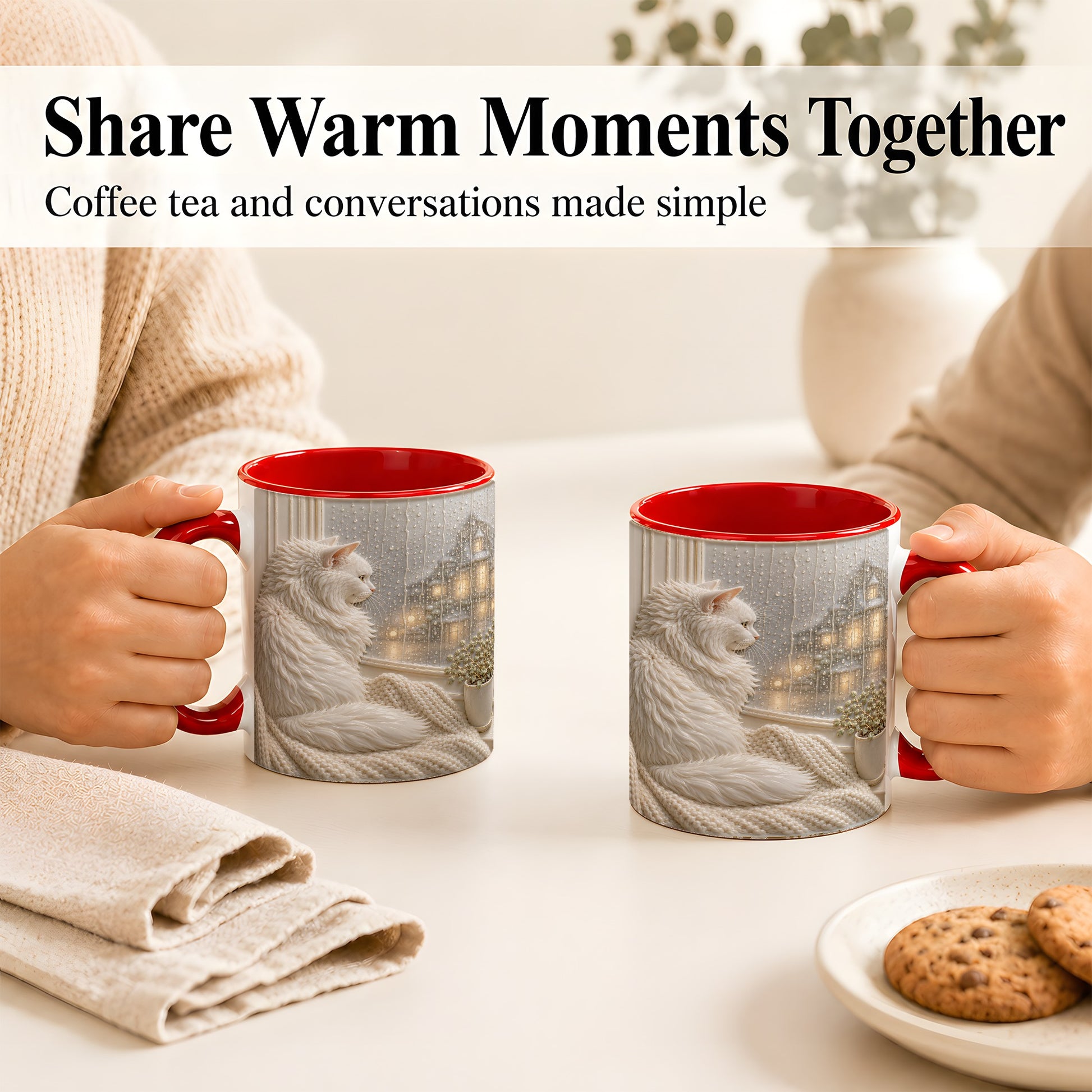#pl[11oz|Red] White Cat Rainy Window Coffee Mug, Cozy Cat Mug, Ceramic Cup
