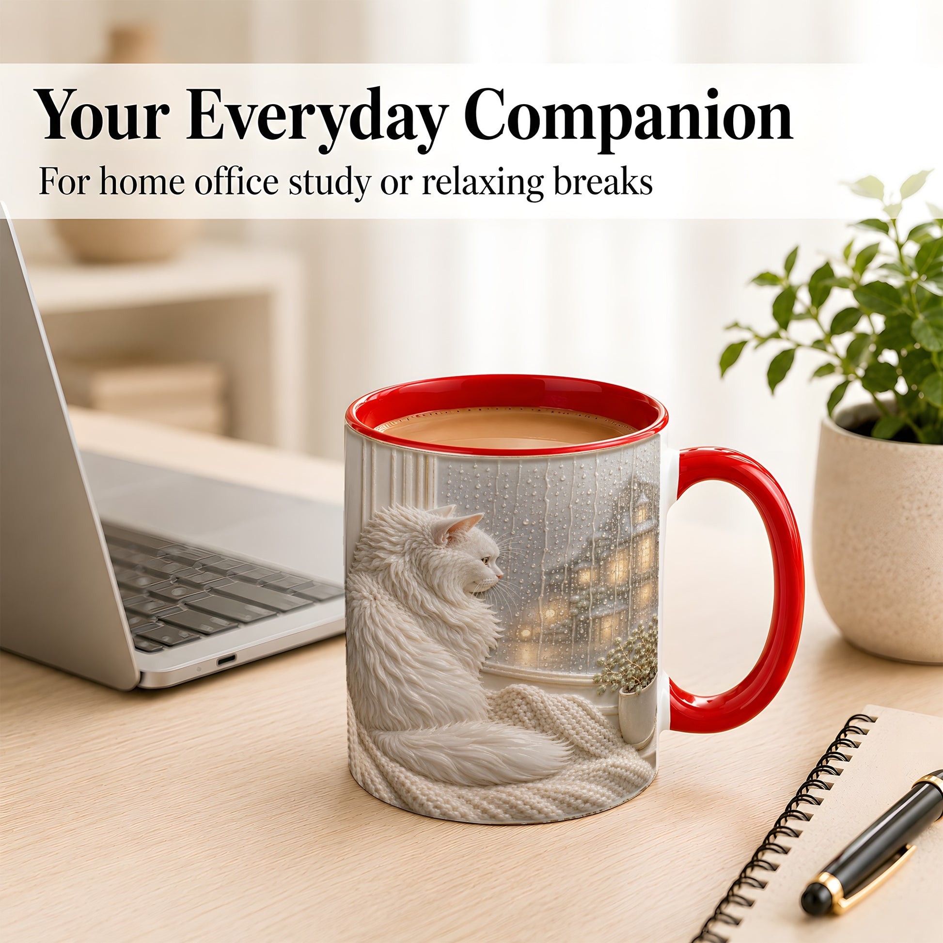 #pl[11oz|Red] White Cat Rainy Window Coffee Mug, Cozy Cat Mug, Ceramic Cup