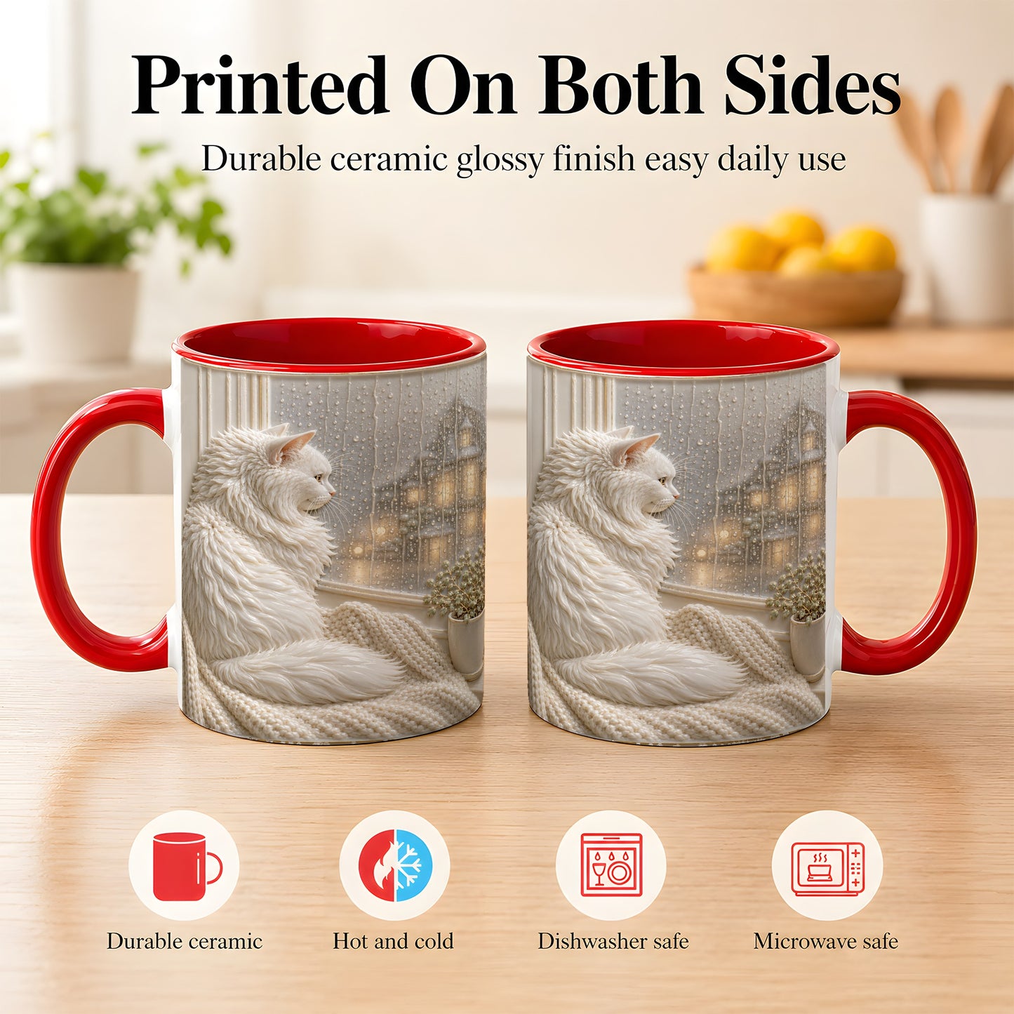 #pl[11oz|Red] White Cat Rainy Window Coffee Mug, Cozy Cat Mug, Ceramic Cup