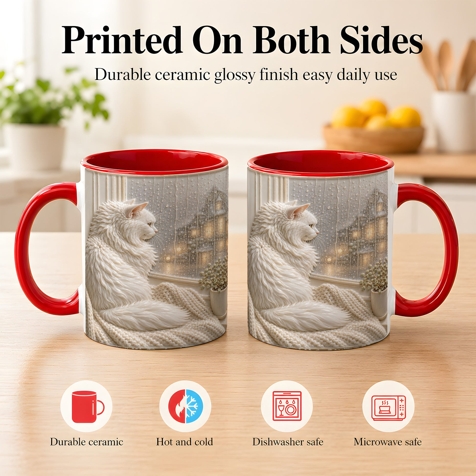 #pl[11oz|Red] White Cat Rainy Window Coffee Mug, Cozy Cat Mug, Ceramic Cup