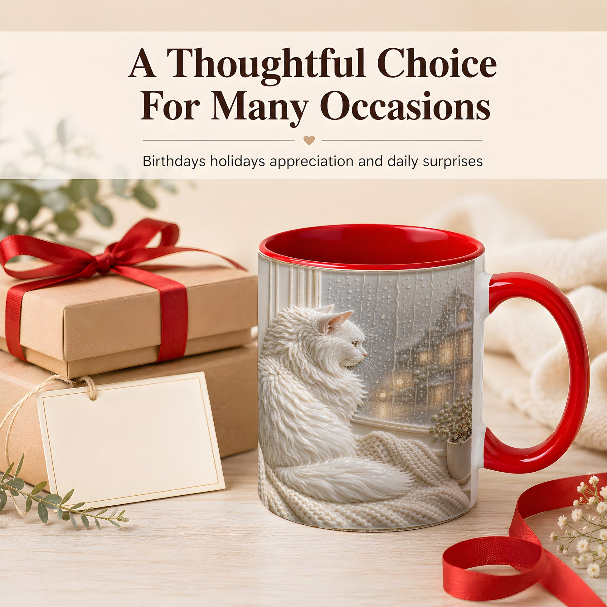 #pl[11oz|Red] White Cat Rainy Window Coffee Mug, Cozy Cat Mug, Ceramic Cup