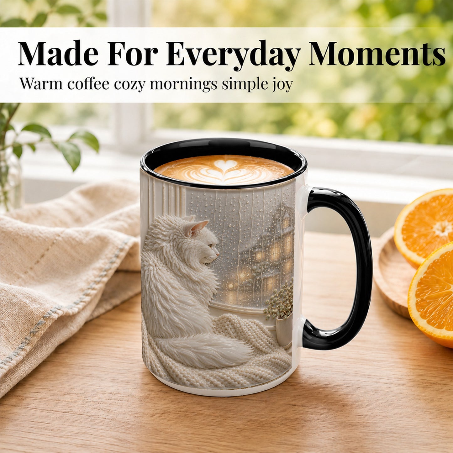 #pl[15oz|Black] White Cat Rainy Window Coffee Mug, Cozy Cat Mug, Ceramic Cup