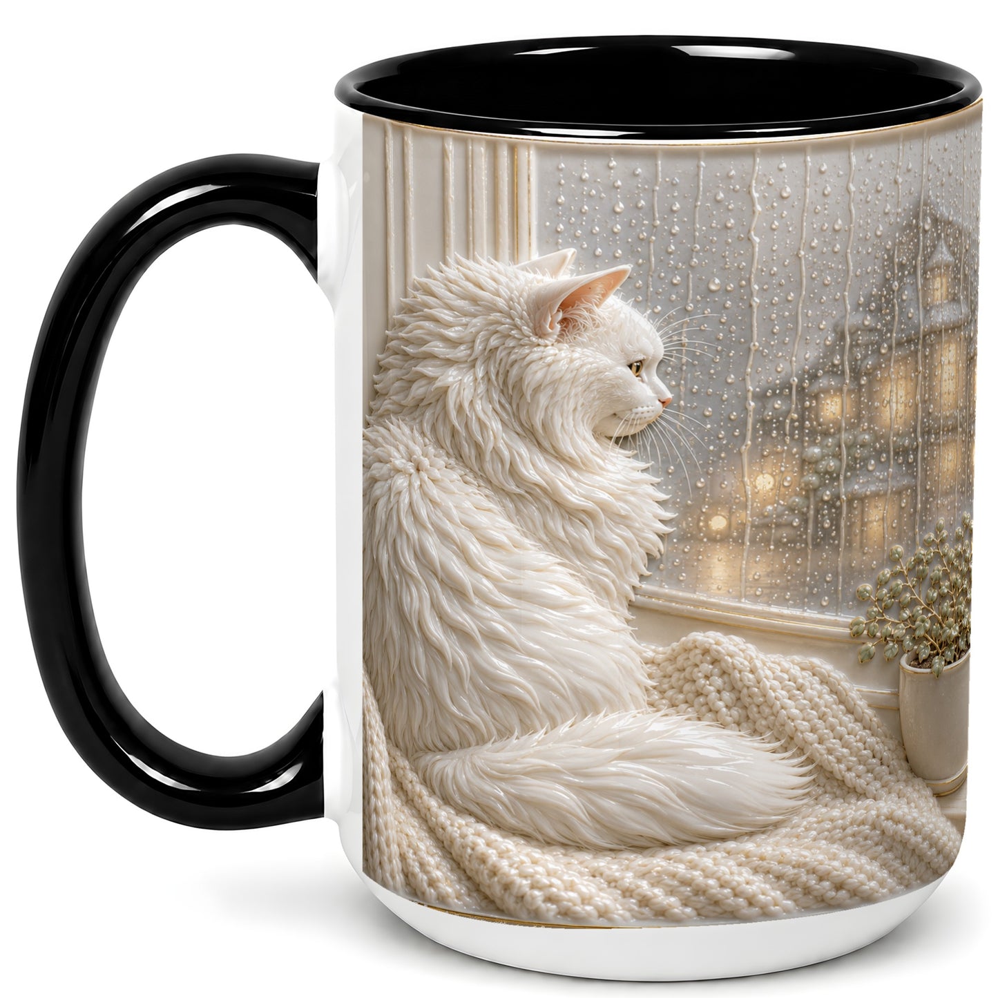 #pl[15oz|Black] White Cat Rainy Window Coffee Mug, Cozy Cat Mug, Ceramic Cup