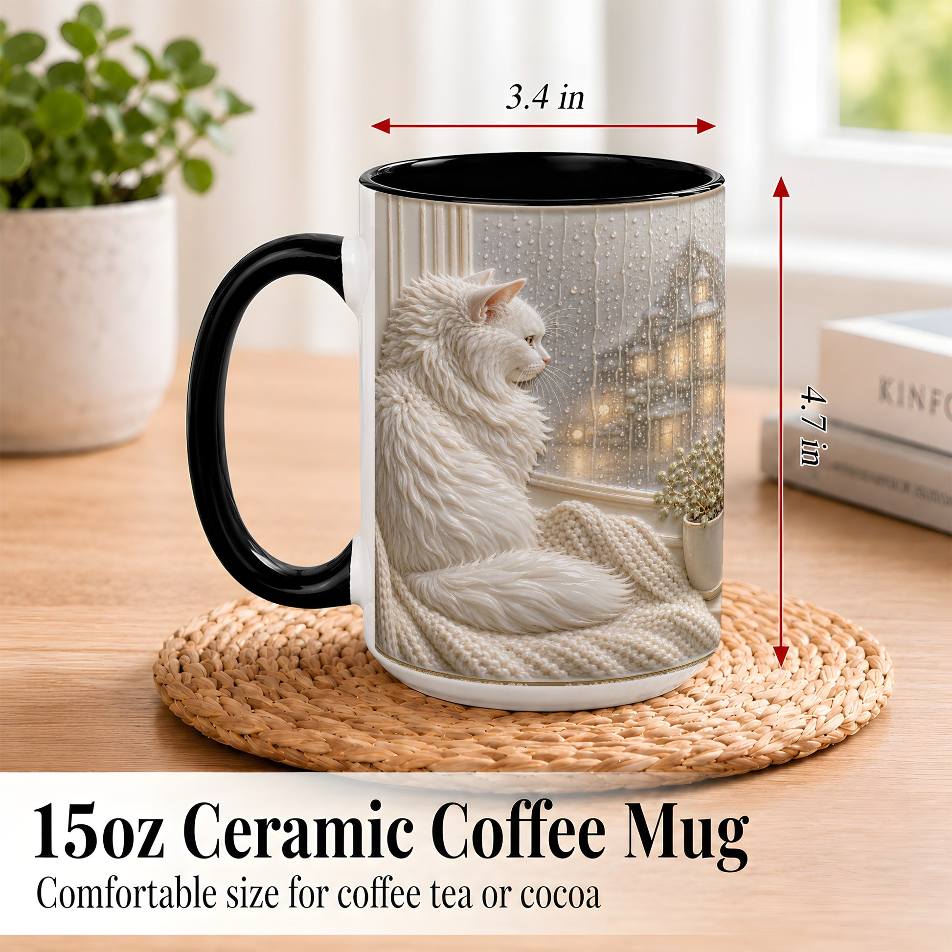 #pl[15oz|Black] White Cat Rainy Window Coffee Mug, Cozy Cat Mug, Ceramic Cup