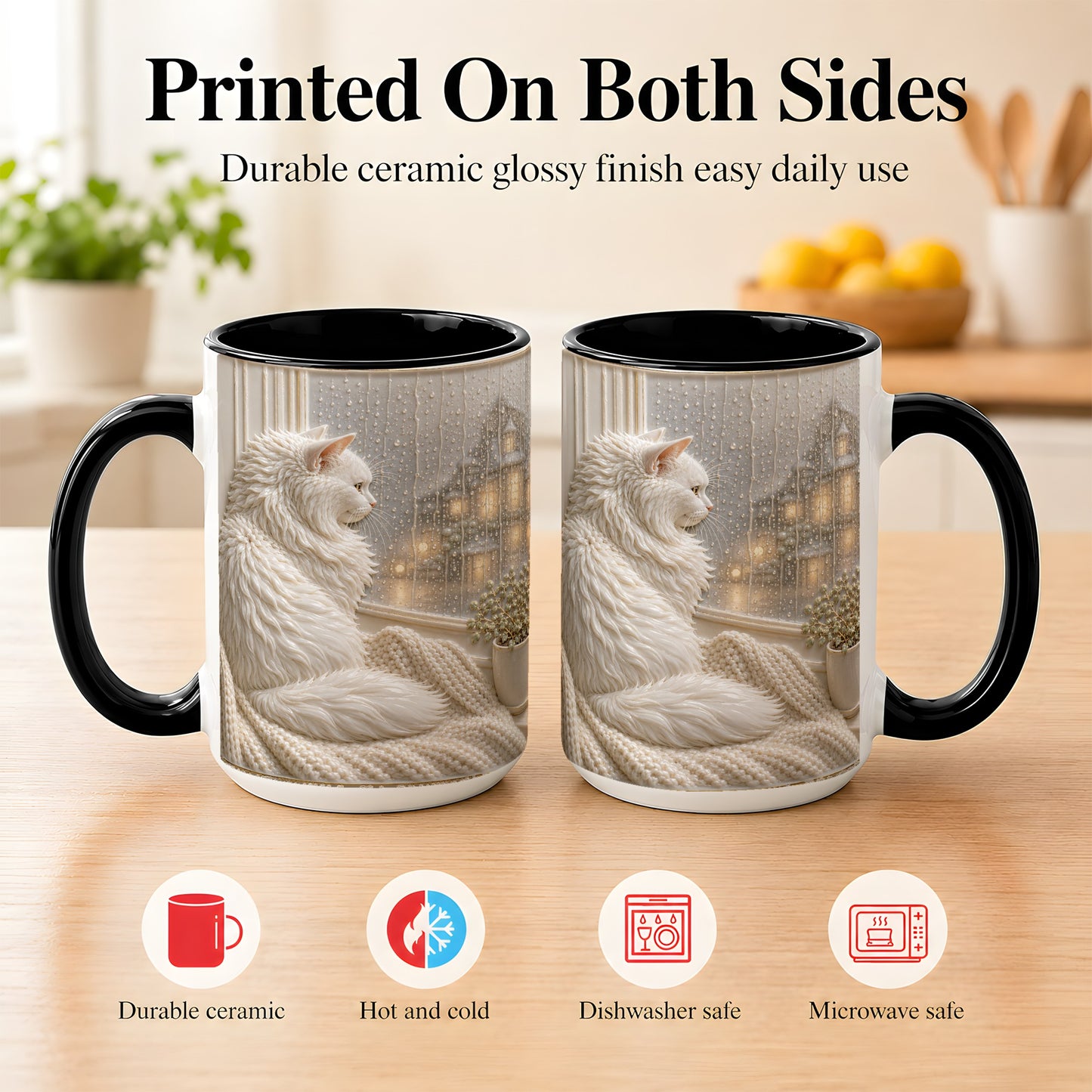 #pl[15oz|Black] White Cat Rainy Window Coffee Mug, Cozy Cat Mug, Ceramic Cup