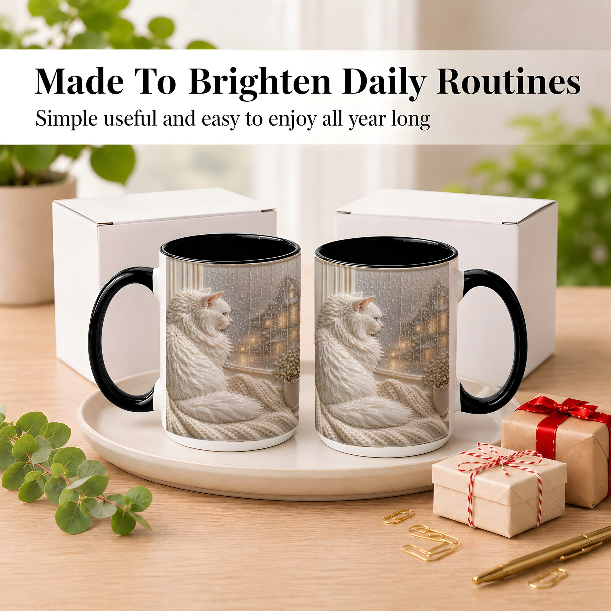 #pl[15oz|Black] White Cat Rainy Window Coffee Mug, Cozy Cat Mug, Ceramic Cup