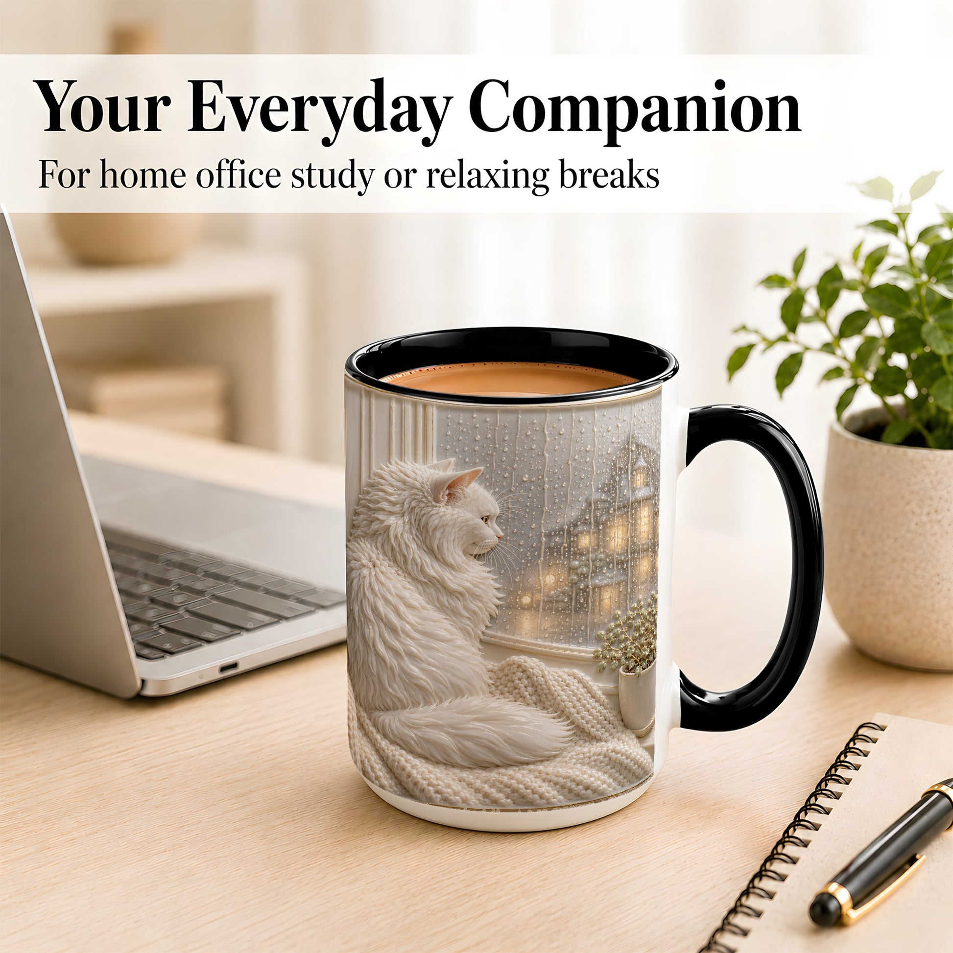 #pl[15oz|Black] White Cat Rainy Window Coffee Mug, Cozy Cat Mug, Ceramic Cup