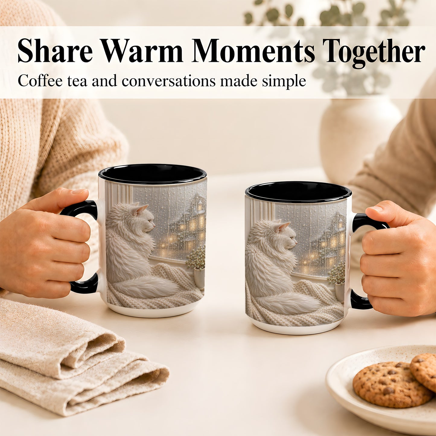 #pl[15oz|Black] White Cat Rainy Window Coffee Mug, Cozy Cat Mug, Ceramic Cup