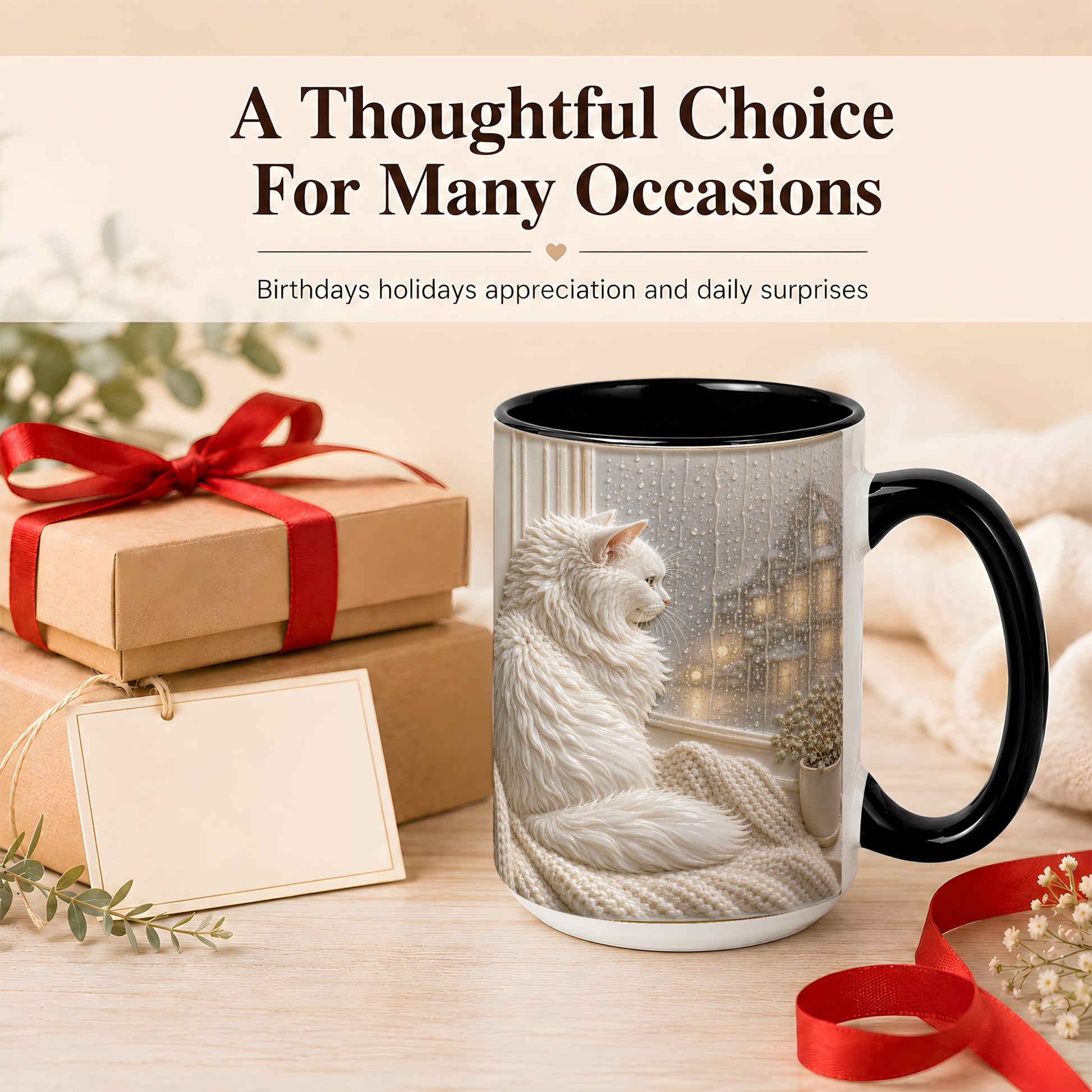 #pl[15oz|Black] White Cat Rainy Window Coffee Mug, Cozy Cat Mug, Ceramic Cup