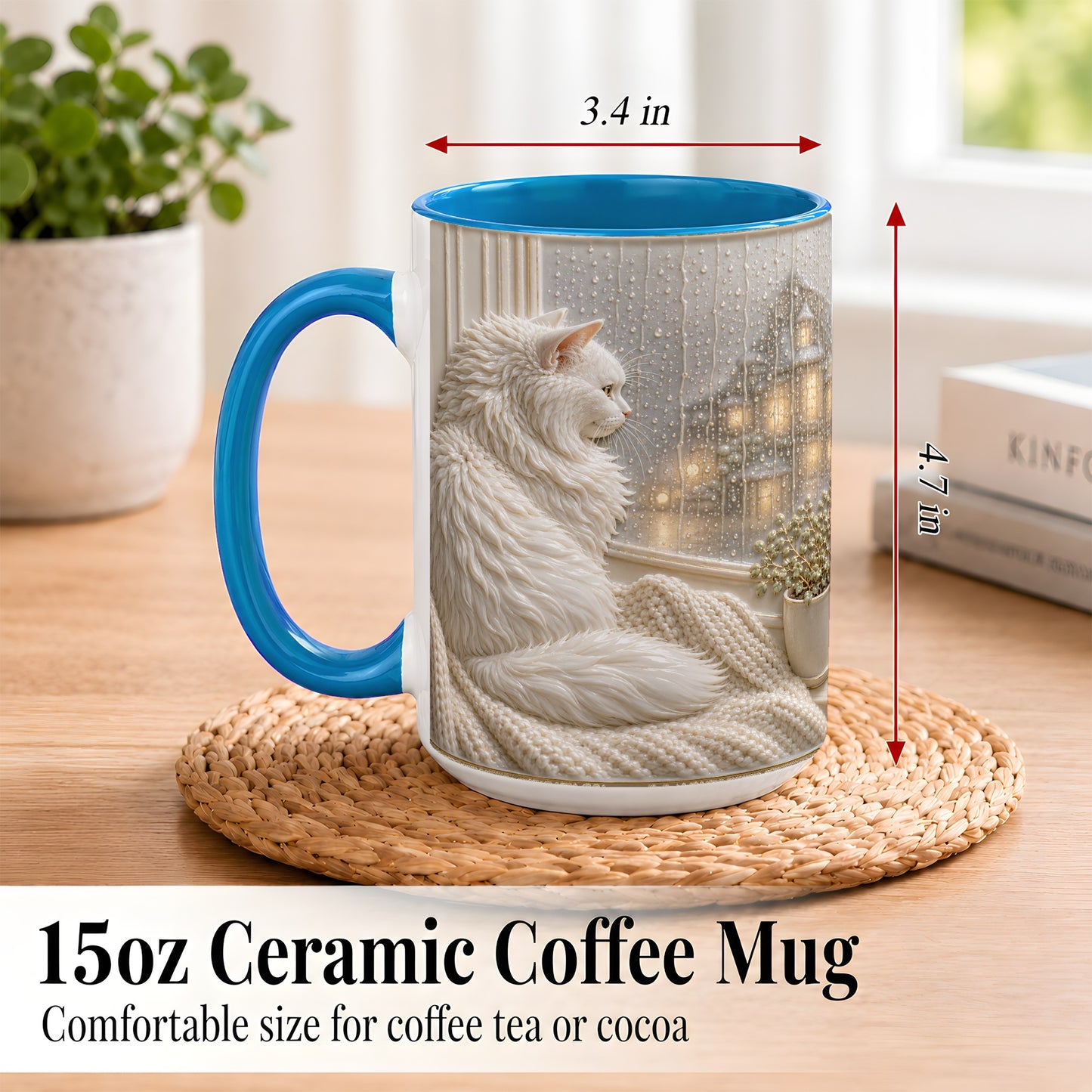 #pl[15oz|Blue] White Cat Rainy Window Coffee Mug, Cozy Cat Mug, Ceramic Cup