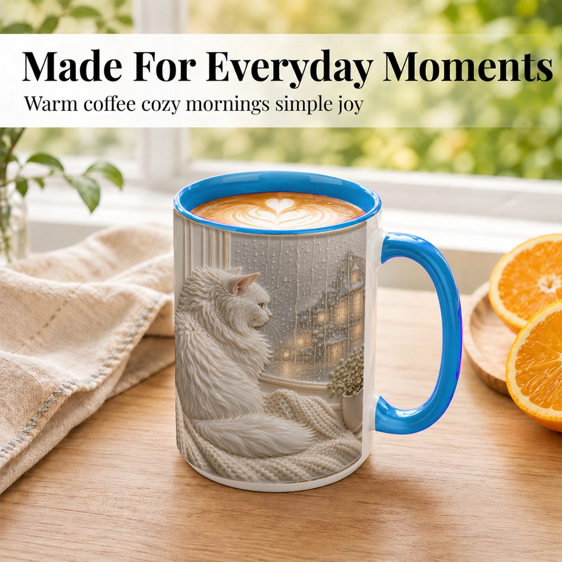 #pl[15oz|Blue] White Cat Rainy Window Coffee Mug, Cozy Cat Mug, Ceramic Cup