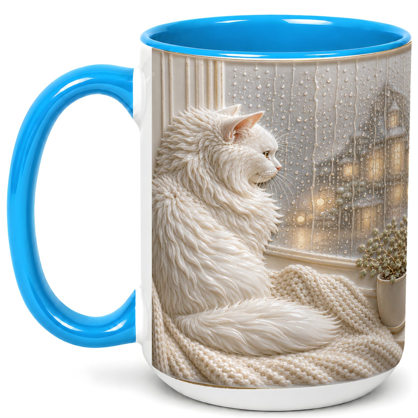 #pl[15oz|Blue] White Cat Rainy Window Coffee Mug, Cozy Cat Mug, Ceramic Cup